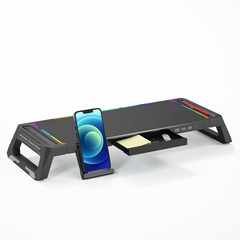 Claw Dock T6- Foldable Monitor/Laptop Stand with Hidden Phone Holder & Drawer, USB 3.0 & USB 2.0 Hub