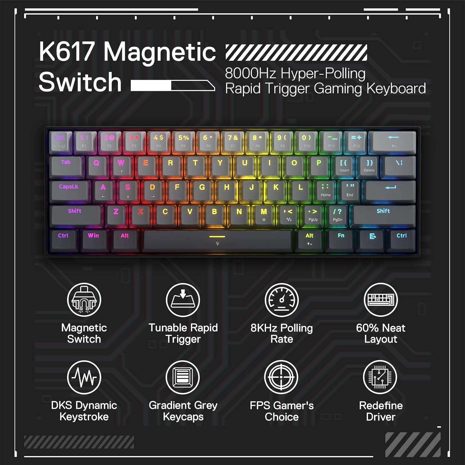 (Refurbished) Redragon K617 - 60% Wired mechanical Keyboard Mystic Grey (Magnetic Switch)