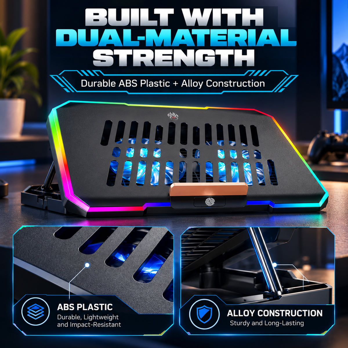 Claw Antarctic F2 - 2 Fans RGB Laptop Cooling Pad with Adjustable Height, 2 USB Port, Touch Control and Mobile Stand