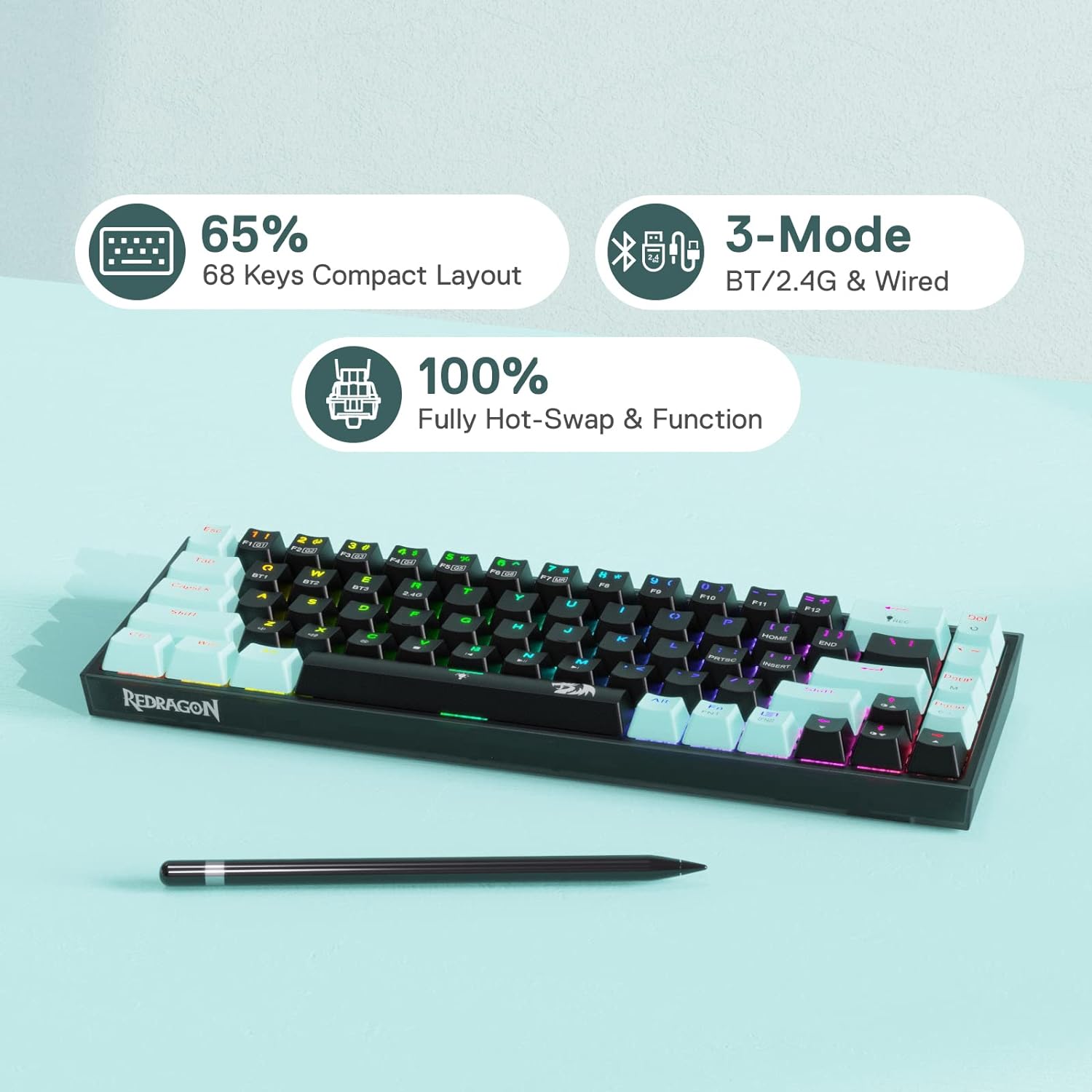 (Refurbished) Redragon Castro K631 SE - 65% Bluetooth+2.4Ghz+Wired Mechanical Keyboard (Custom Switch)