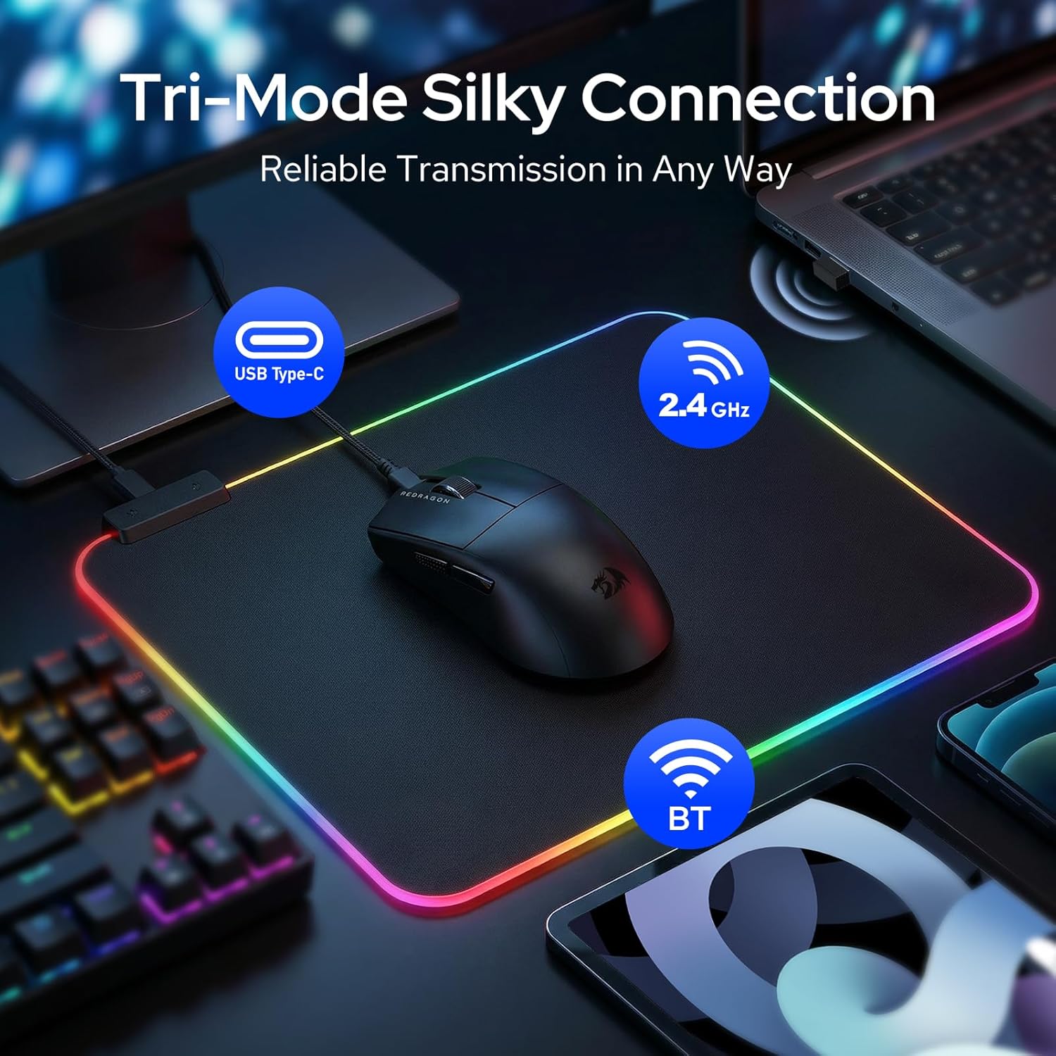 Redragon King Ultra M999 - RGB Wired, Wireless and Bluetooth Mouse with Magnetic Charging Dock