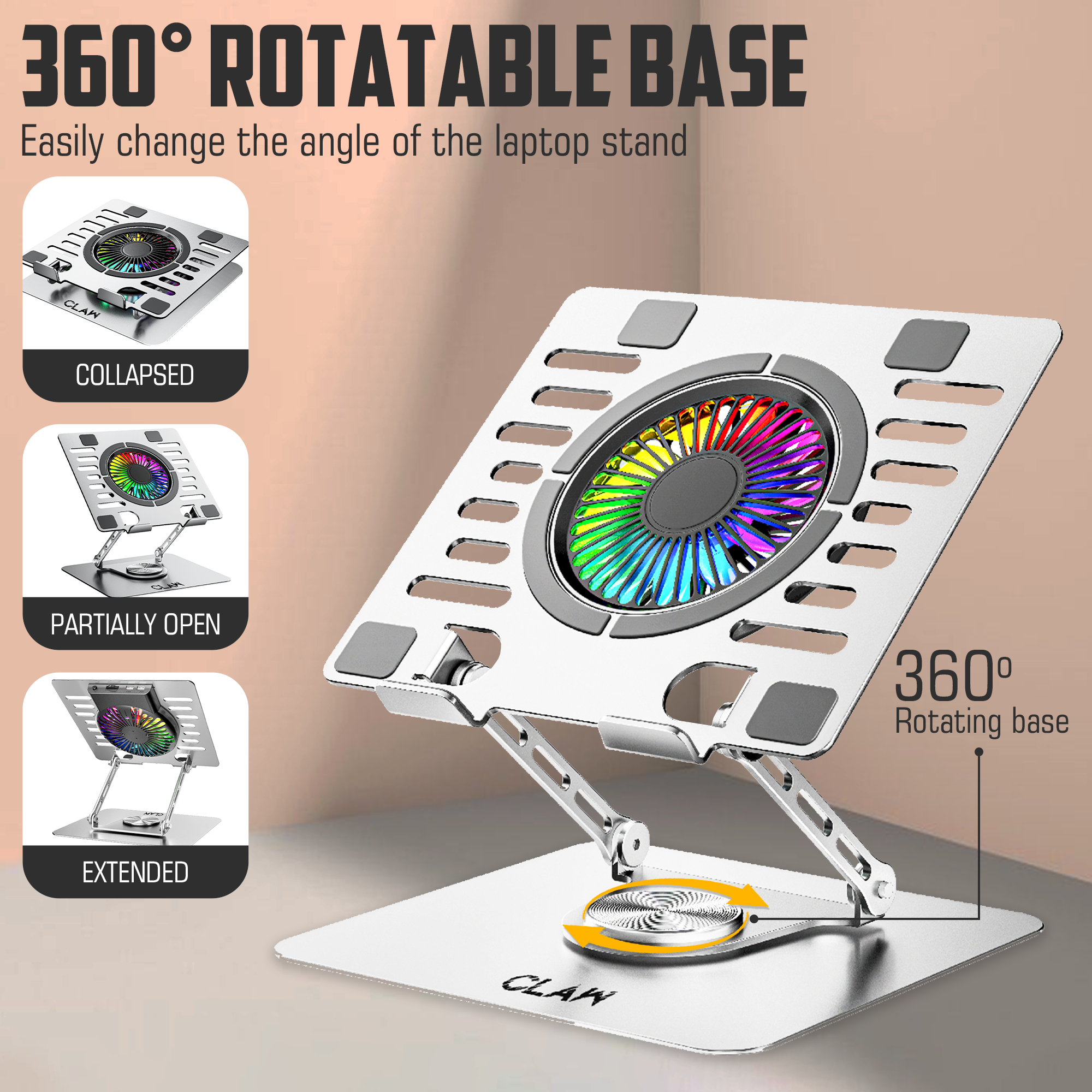 Claw Lift Max X16 - Metal Laptop Stand with RGB Fan,360° Rotation, Adjustable Angles and 2 USB Port