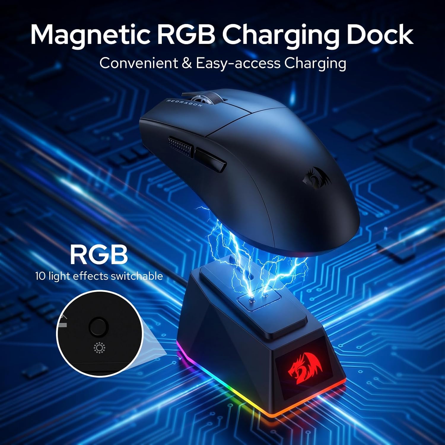 Redragon King Ultra M999 - RGB Wired, Wireless and Bluetooth Mouse with Magnetic Charging Dock