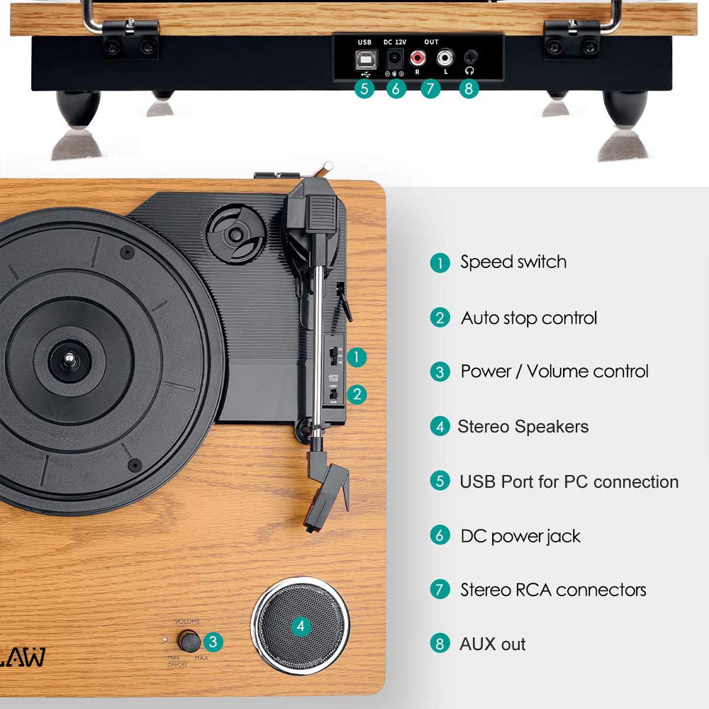 CLAW Stag Superb Plus - Turntable with Built-in Stereo Speaker and USB Digital Conversion Software for PC (Wood)