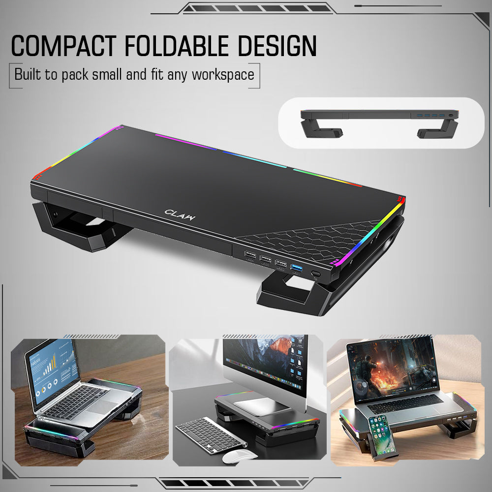 Claw Dock T6- Foldable Monitor/Laptop Stand with Hidden Phone Holder & Drawer, USB 3.0 & USB 2.0 Hub