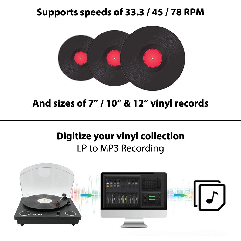 CLAW Stag Superb Plus - Turntable with Built-in Stereo Speaker and USB Digital Conversion Software for PC (Black)