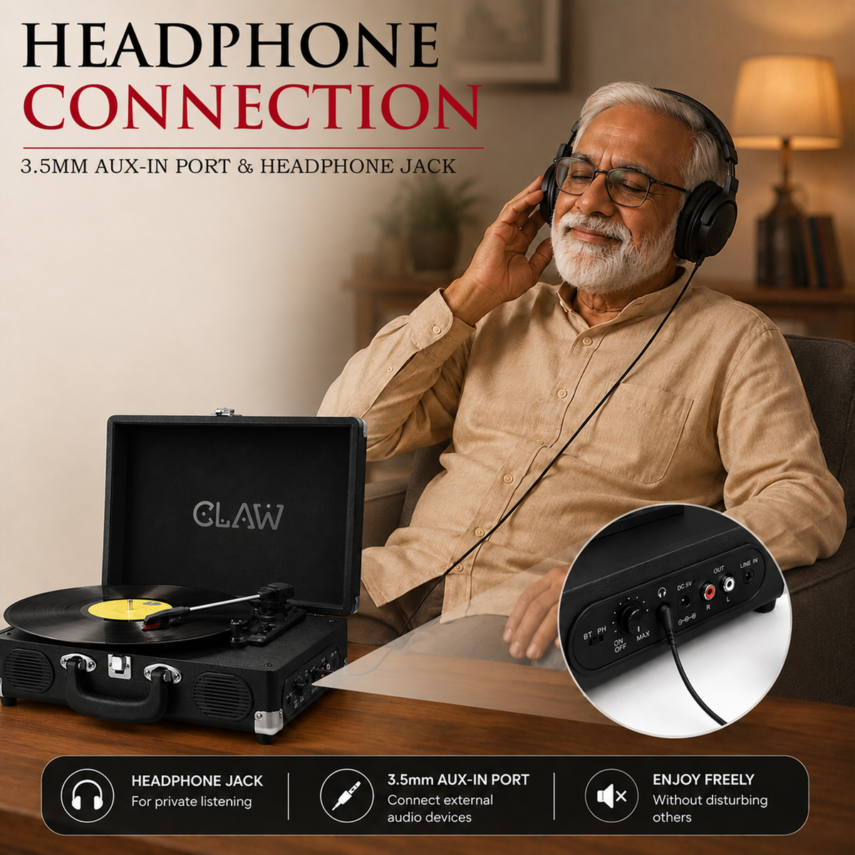 CLAW Stag Portable Pro - Bluetooth Turntable with Built-In Stereo Speaker (Black)