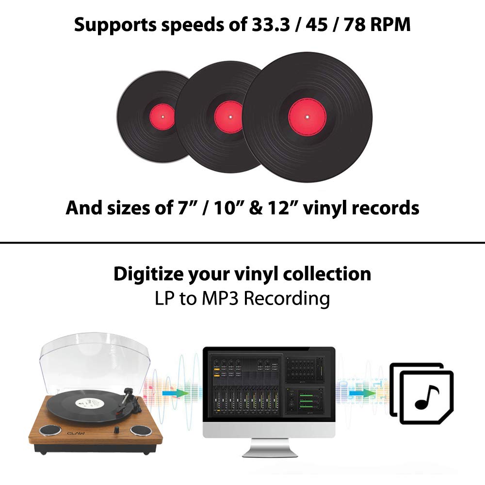 CLAW Stag Superb Plus - Turntable with Built-in Stereo Speaker and USB Digital Conversion Software for PC (Wood)