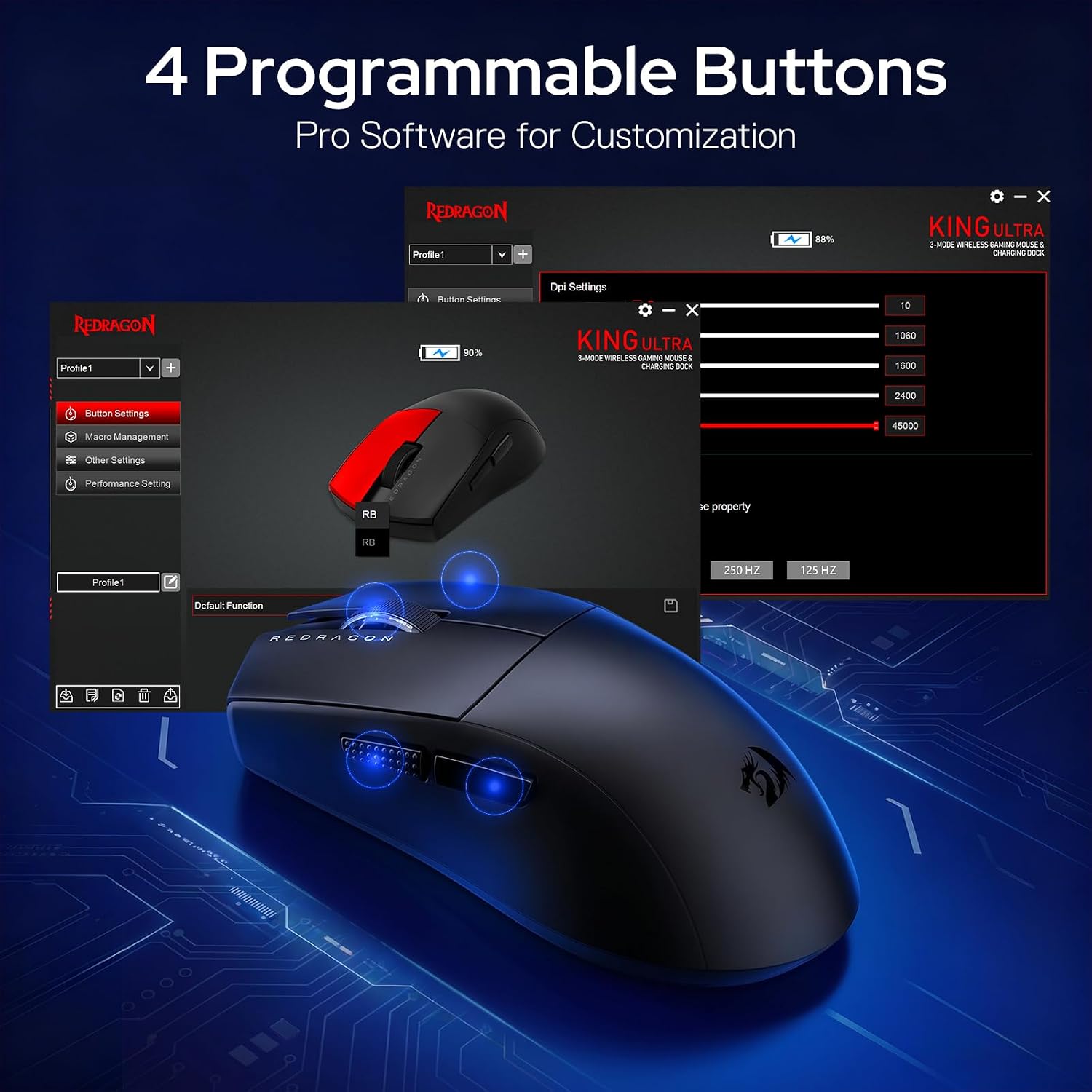 Redragon King Ultra M999 - RGB Wired, Wireless and Bluetooth Mouse with Magnetic Charging Dock