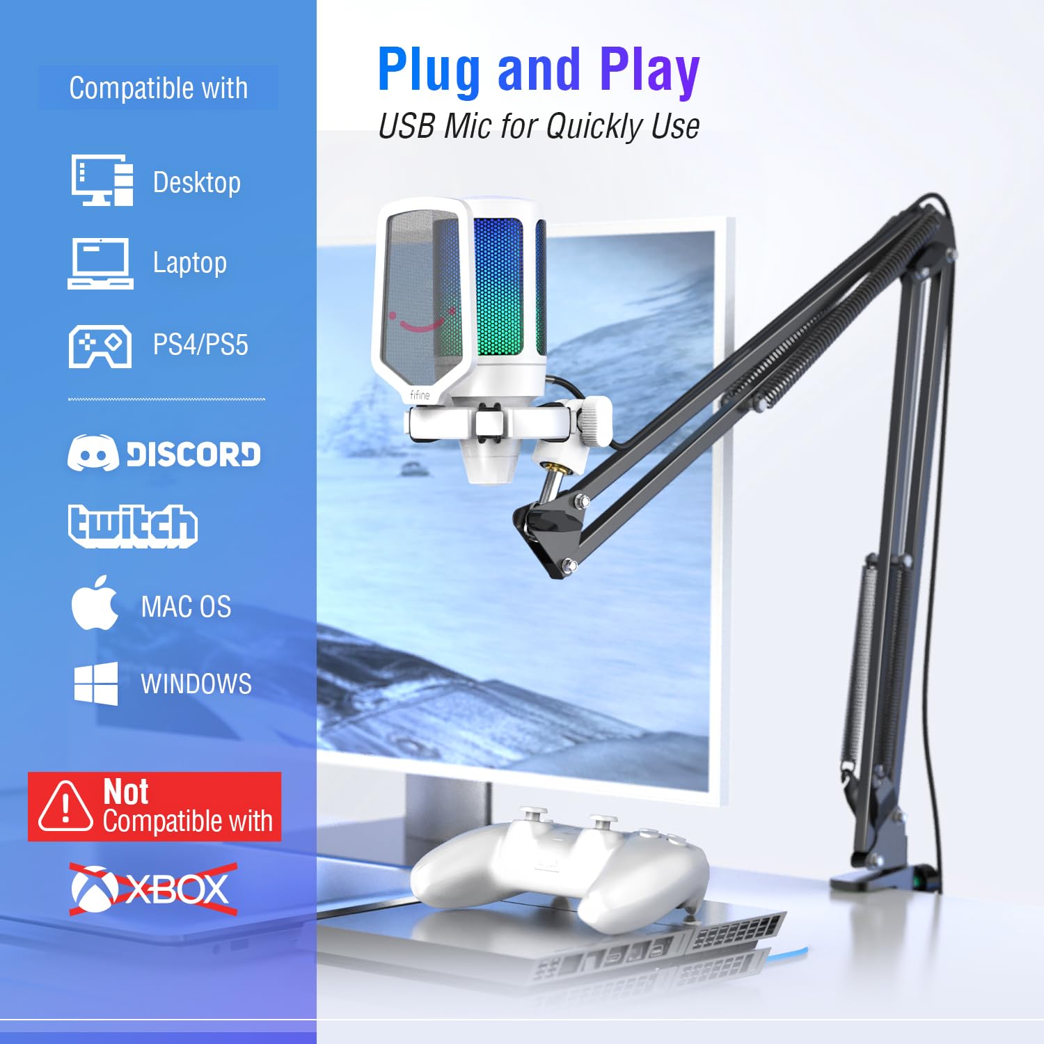 (Refurbished) Fifine Ampligame A6T - Gaming USB Microphone Kit (White)