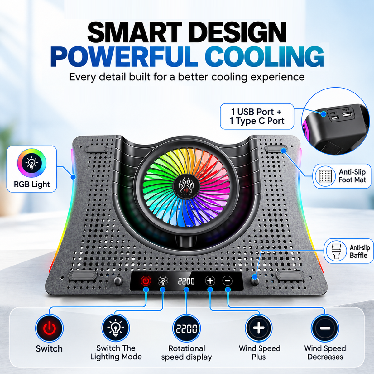 Claw Vortex K8 - 3 Fans RGB Laptop Cooling Pad with Height Adjustment, USB 2.0 + Type-C , Speed Display, Touch Control and Mobile Stand