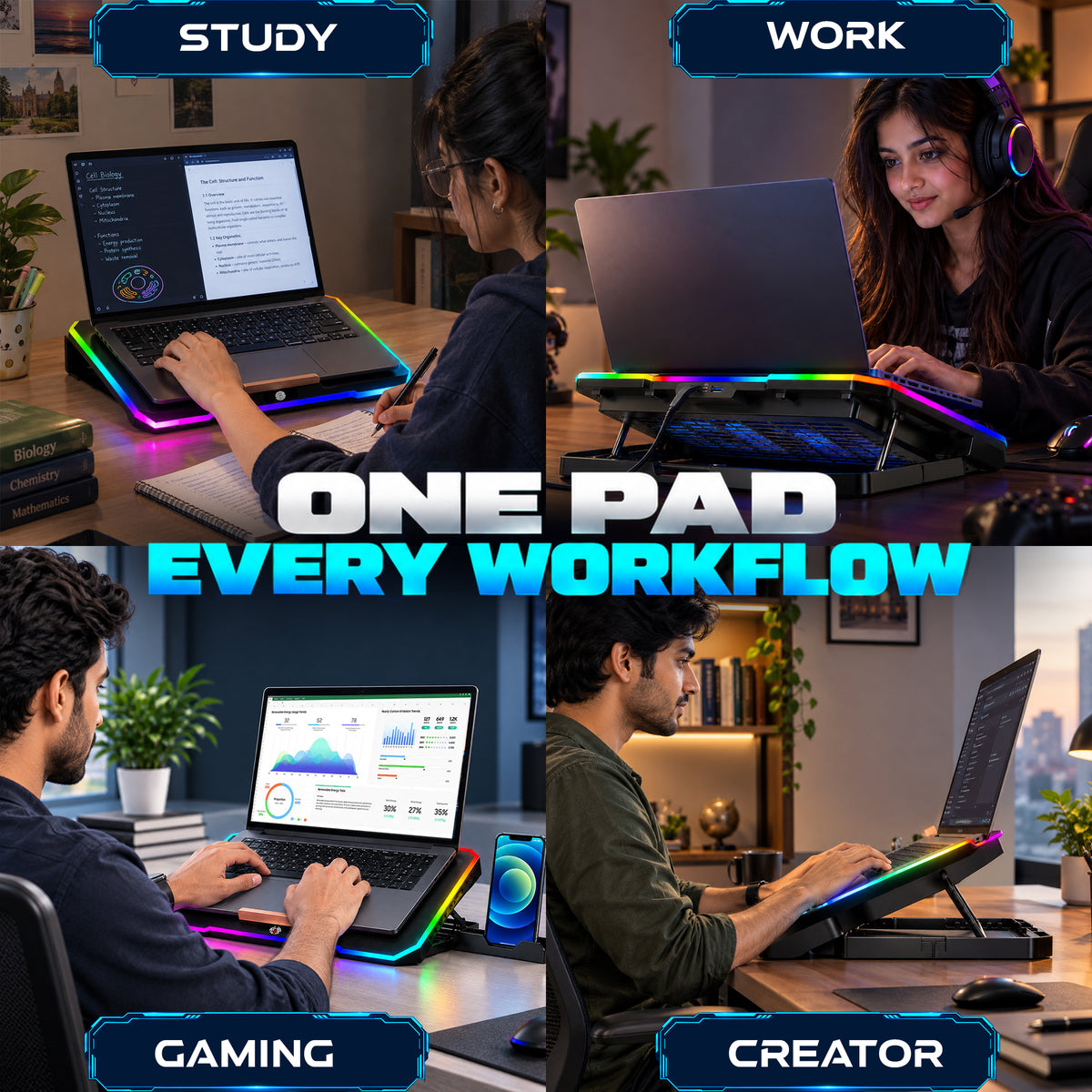 Claw Antarctic F2 - 2 Fans RGB Laptop Cooling Pad with Adjustable Height, 2 USB Port, Touch Control and Mobile Stand