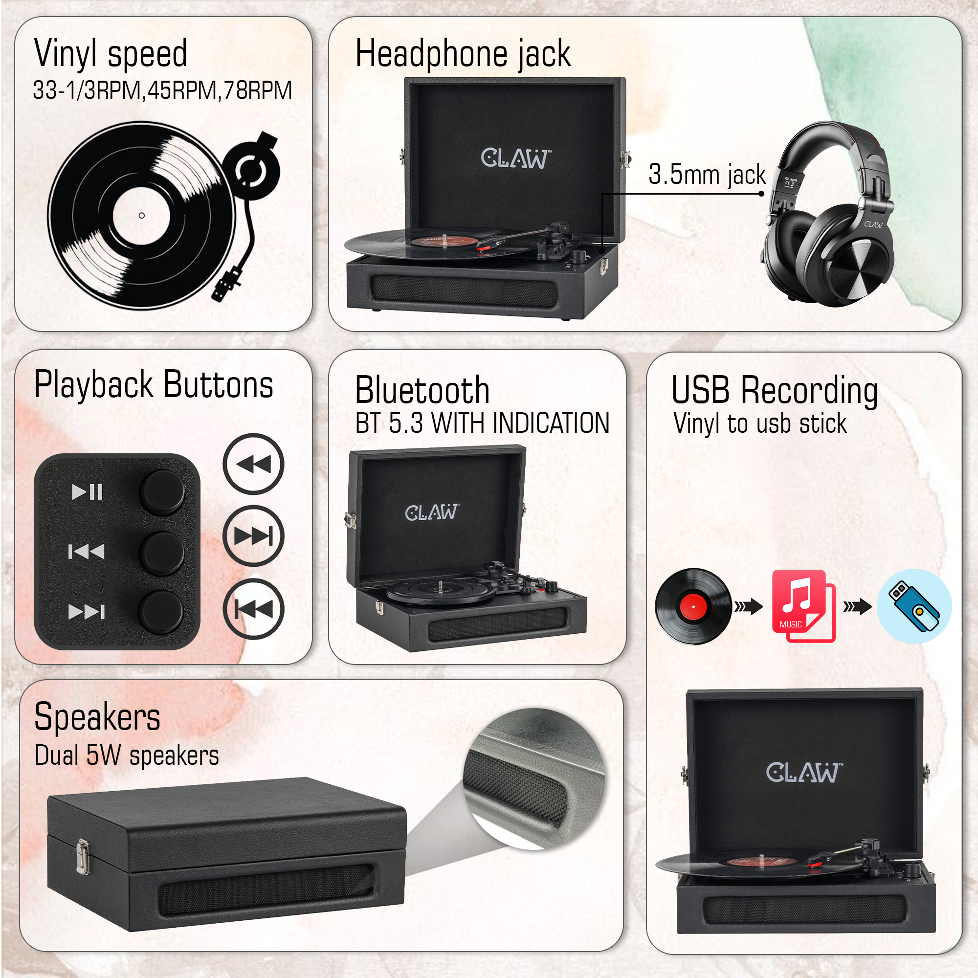 Claw Stag Retro - Bluetooth Turntable with Built-In Stereo Speaker, USB Recording and Play Buttons (Black)