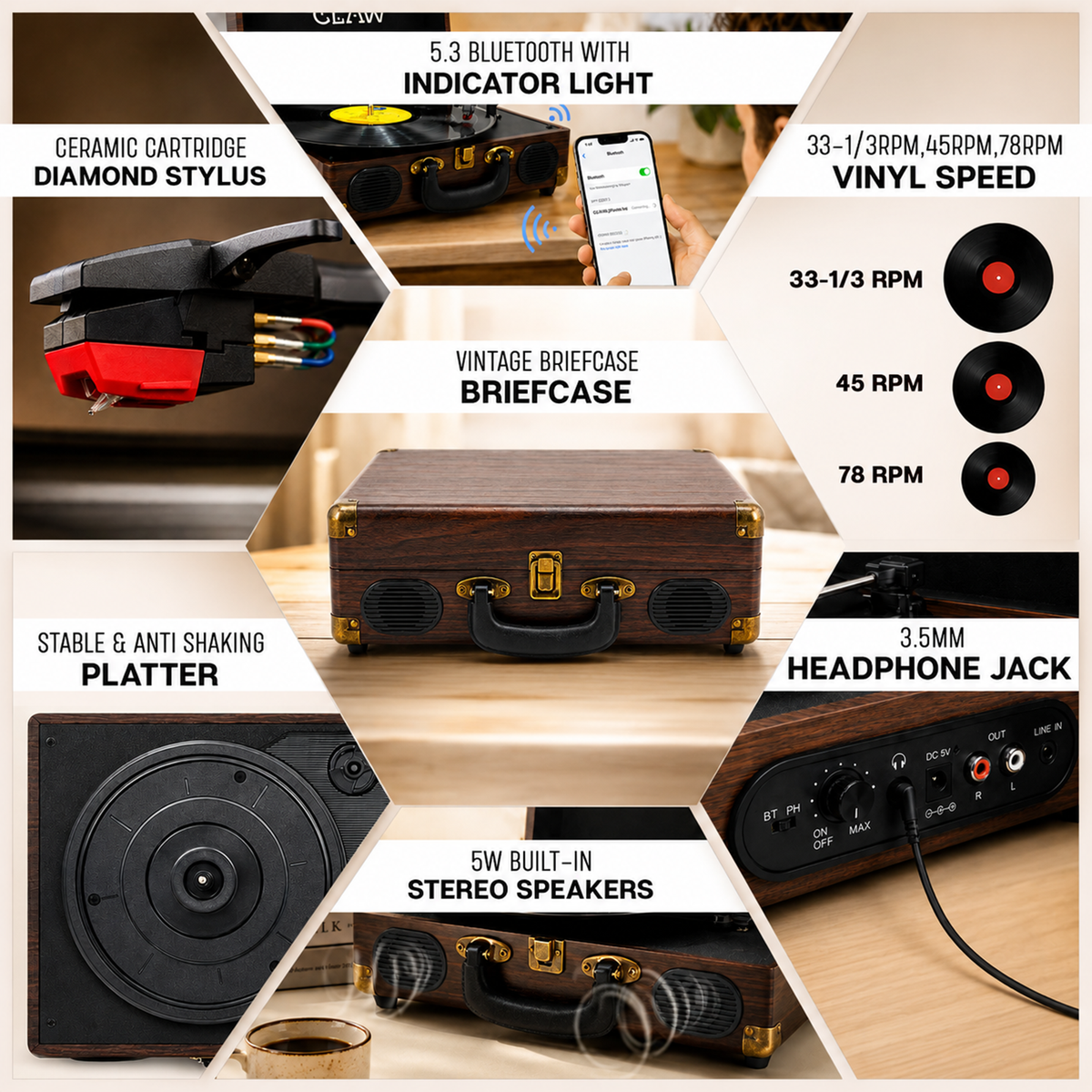 CLAW Stag Portable Pro - Bluetooth Turntable with Built-In Stereo Speaker (Brown Wood)
