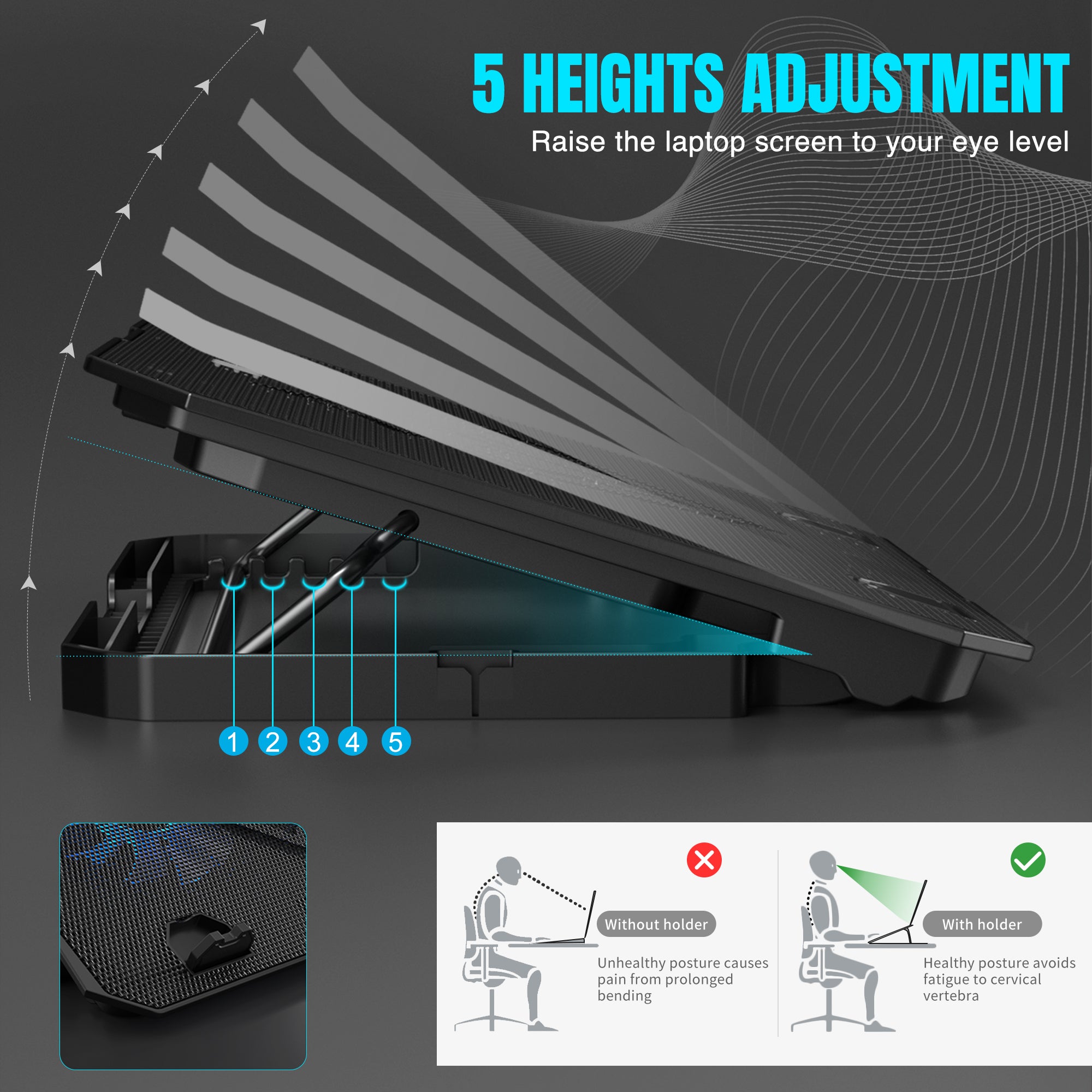 Claw Air Pro C39 - 2 Motor Laptop Cooling Pad with 2 USB Port, Adjustable Height and Mobile Stand (Black and Blue)