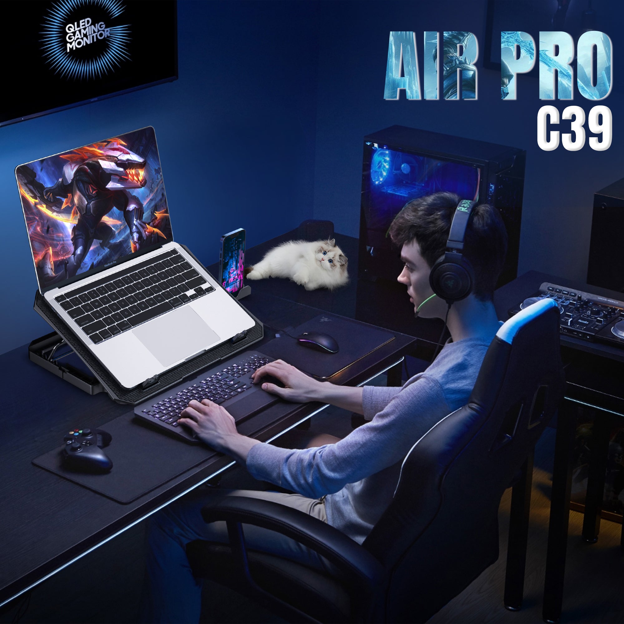 Claw Air Pro C39 - 2 Motor Laptop Cooling Pad with 2 USB Port, Adjustable Height and Mobile Stand (Black and Blue)