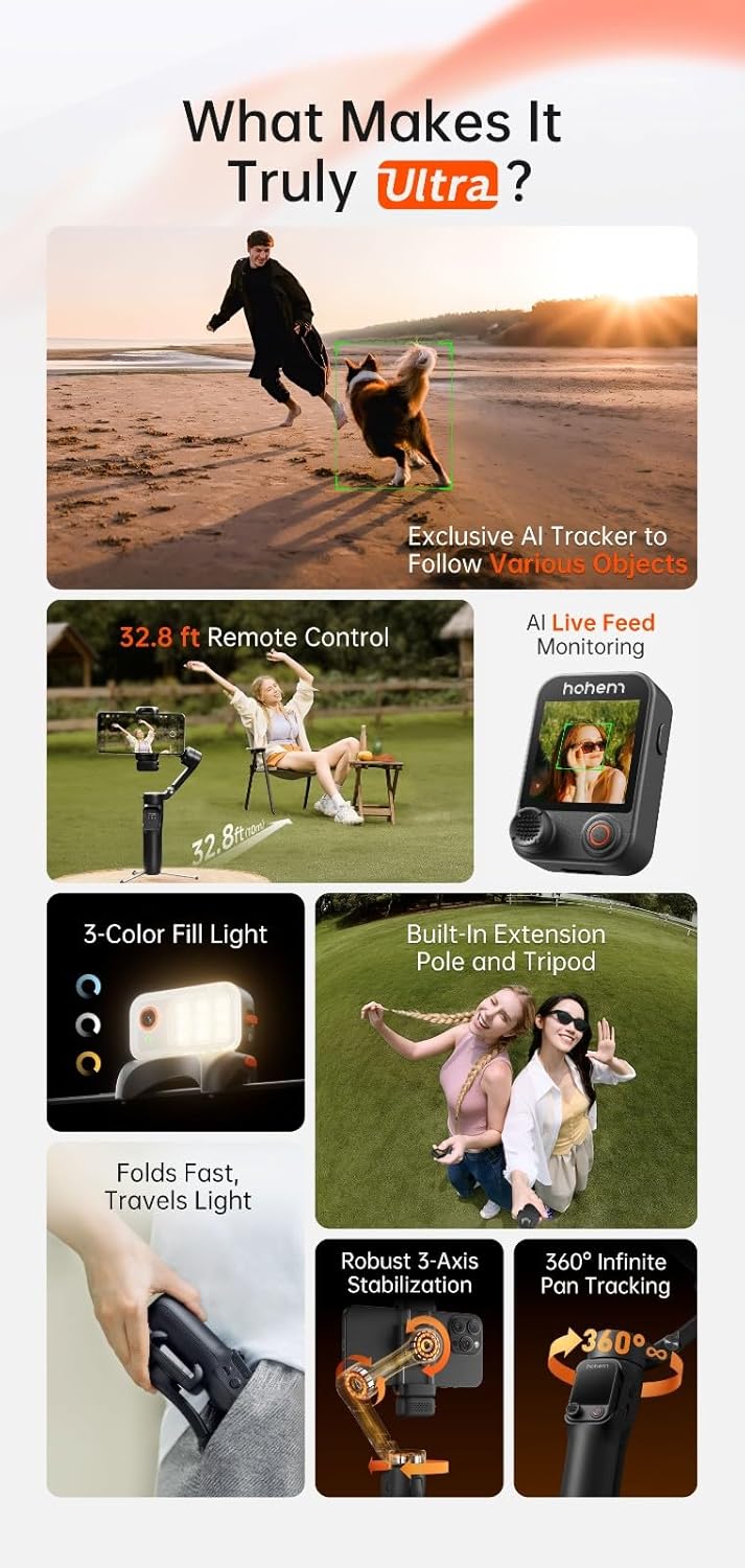 Hohem V3 Ultra - Smart Phone Gimbal with AI Tracking, Fill Light, Detachable Remote and Built-in Extendable Rod & Tripod (Black)