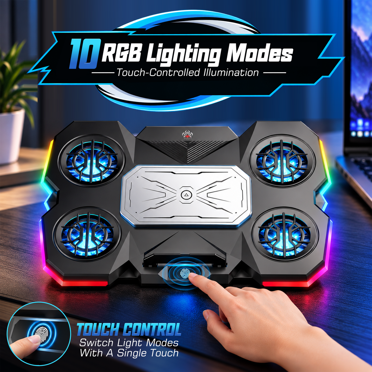 CLAW Polar A14 - 5 Fans and TECH Cooling Surface RGB Laptop Cooling Pad with 2 USB Port, Adjustable Height, Touch Control and Mobile Stand