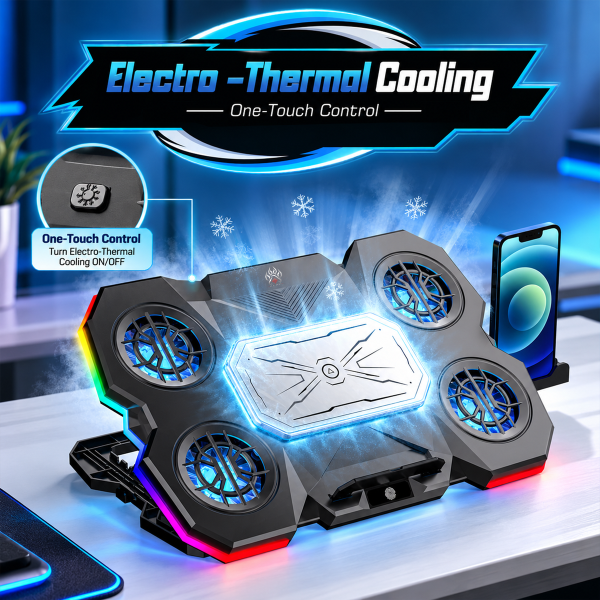 CLAW Polar A14 - 5 Fans and TECH Cooling Surface RGB Laptop Cooling Pad with 2 USB Port, Adjustable Height, Touch Control and Mobile Stand