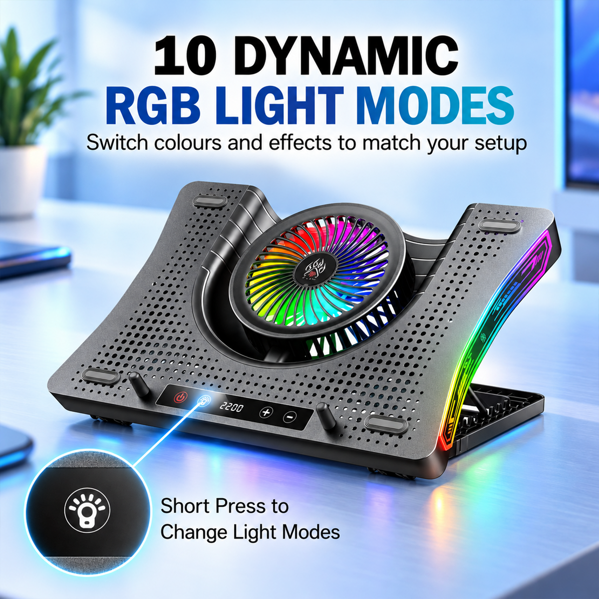 Claw Vortex K8 - 3 Fans RGB Laptop Cooling Pad with Height Adjustment, USB 2.0 + Type-C , Speed Display, Touch Control and Mobile Stand