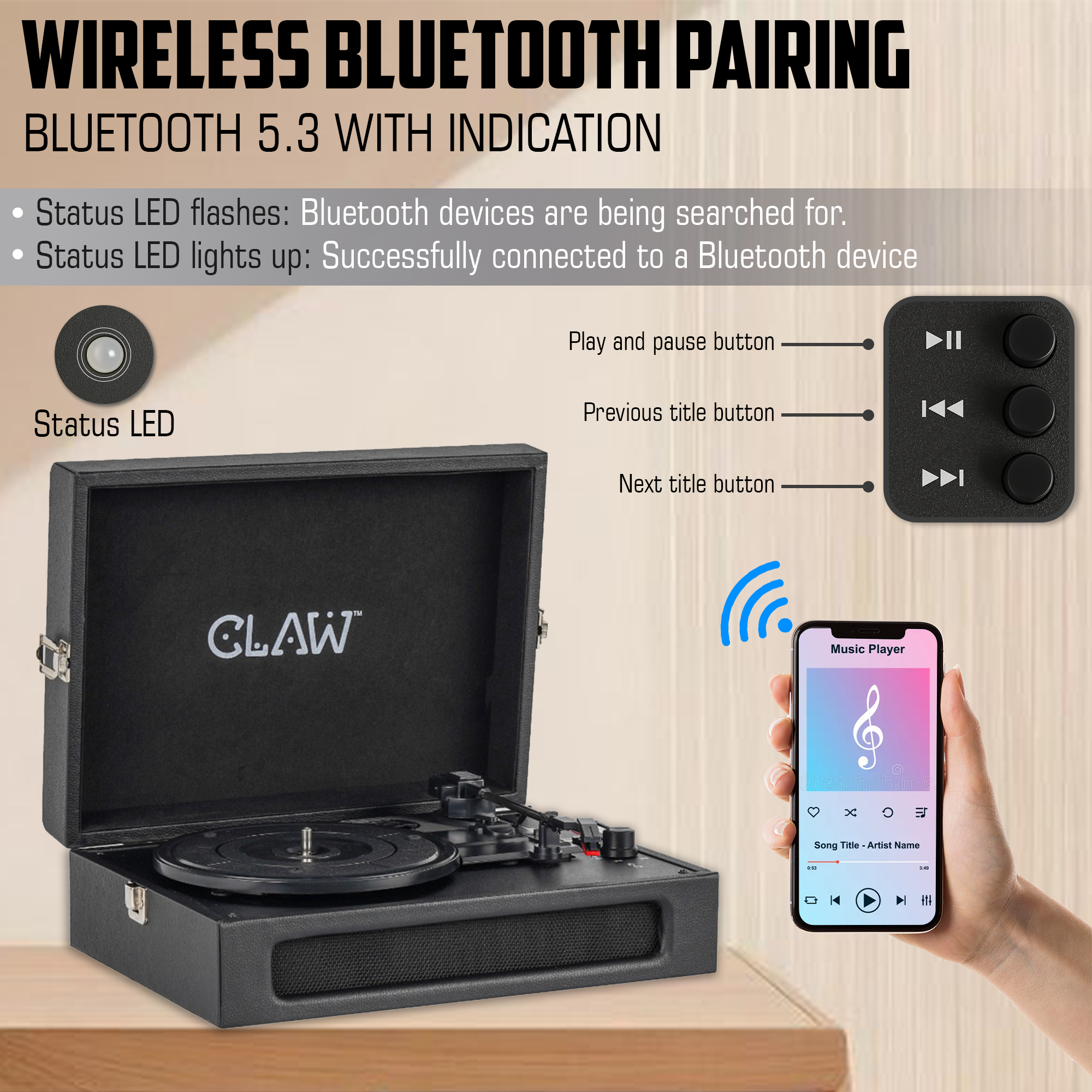 Claw Stag Retro - Bluetooth Turntable with Built-In Stereo Speaker, USB Recording and Play Buttons (Black)