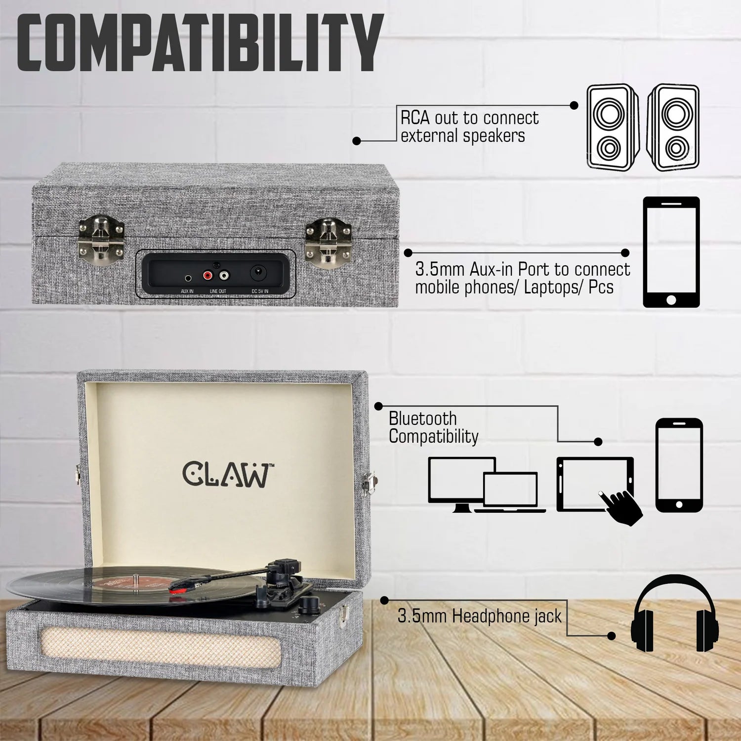 CLAW Stag Retro Bluetooth Turntable (GREY) + Dhoom Dhaam Vinyl Disc (COMBO)