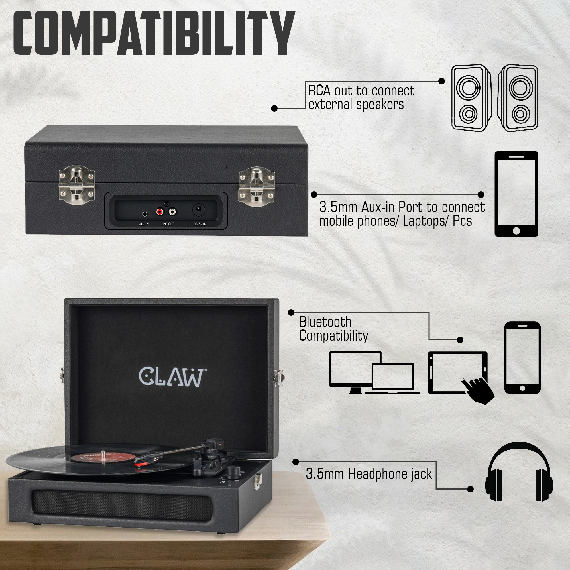 Claw Stag Retro - Bluetooth Turntable with Built-In Stereo Speaker, USB Recording and Play Buttons (Black)
