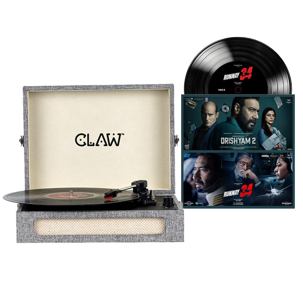 CLAW Stag Retro Bluetooth Turntable (GREY) + Drishyam 2 & Runway 34 Vinyl Disc (COMBO)