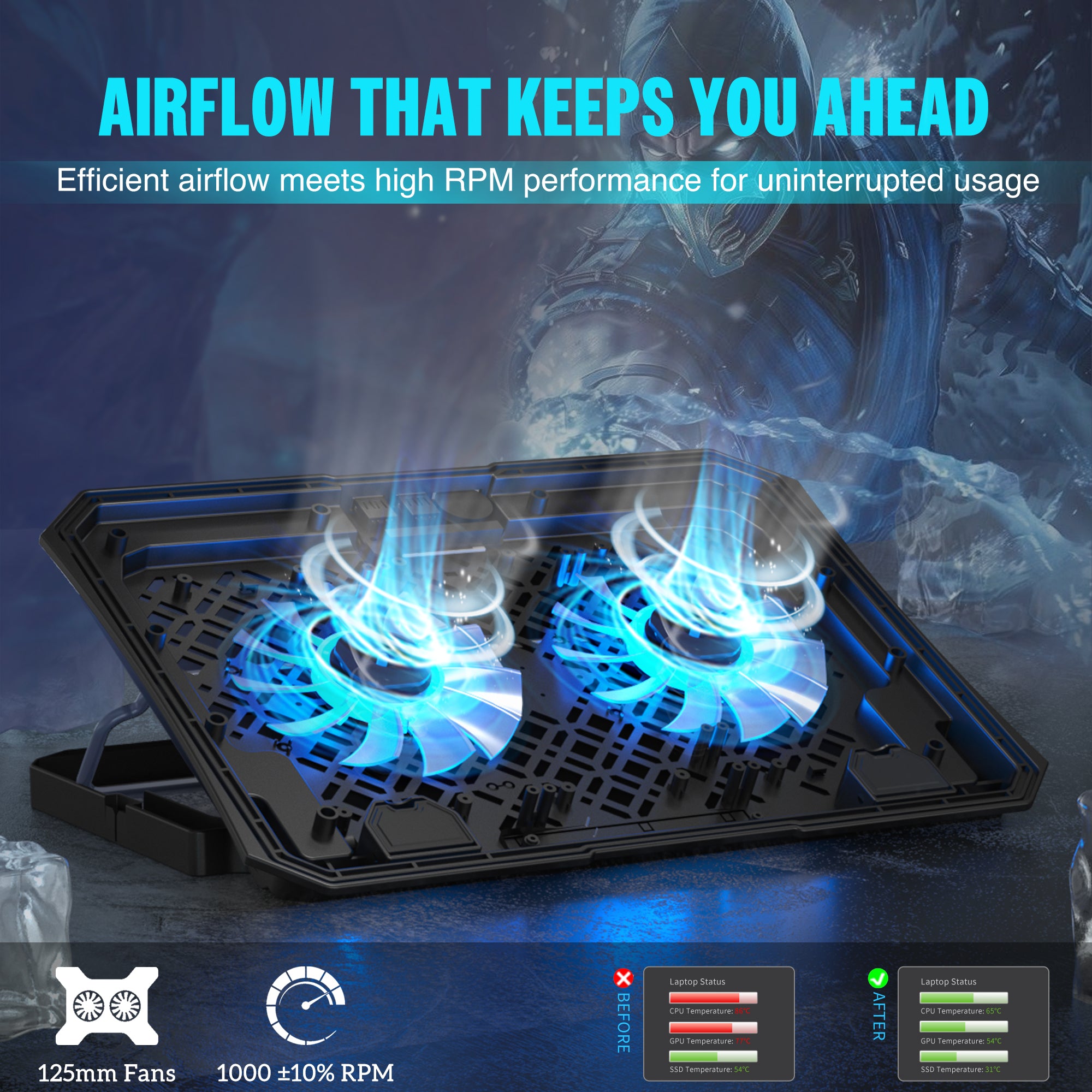 Claw Air Pro C39 - 2 Motor Laptop Cooling Pad with 2 USB Port, Adjustable Height and Mobile Stand (Black and Blue)