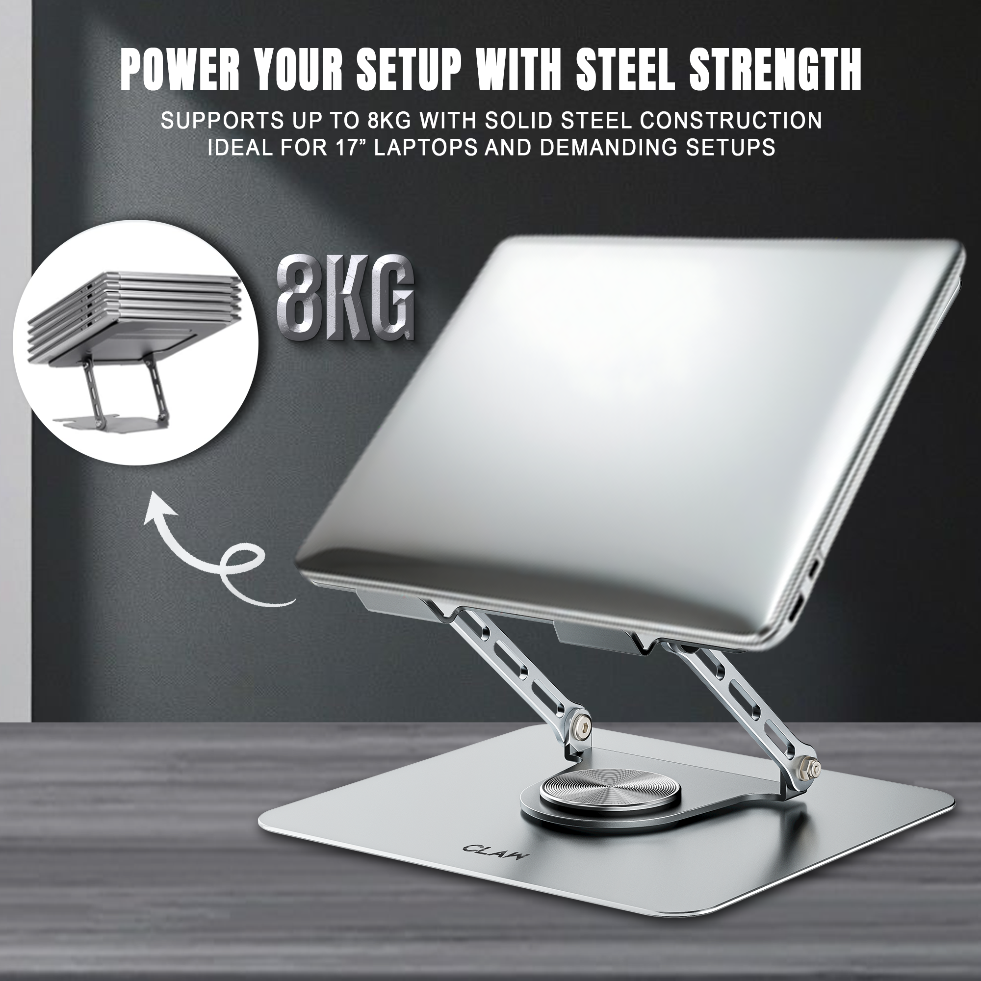 Claw Lift Pro X11 - Metal Laptop Stand with 360° Rotation, Adjustable Angle and 2 USB Port