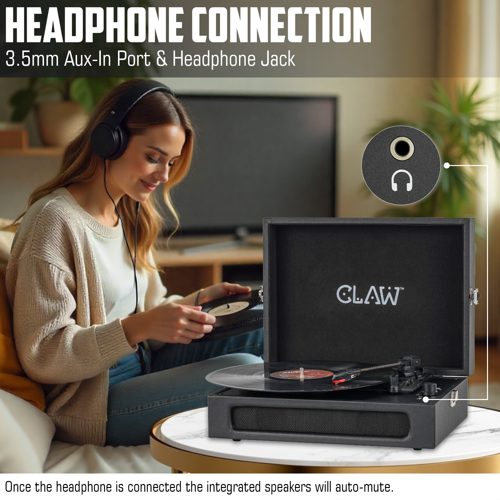 Claw Stag Retro - Bluetooth Turntable with Built-In Stereo Speaker, USB Recording and Play Buttons (Black)