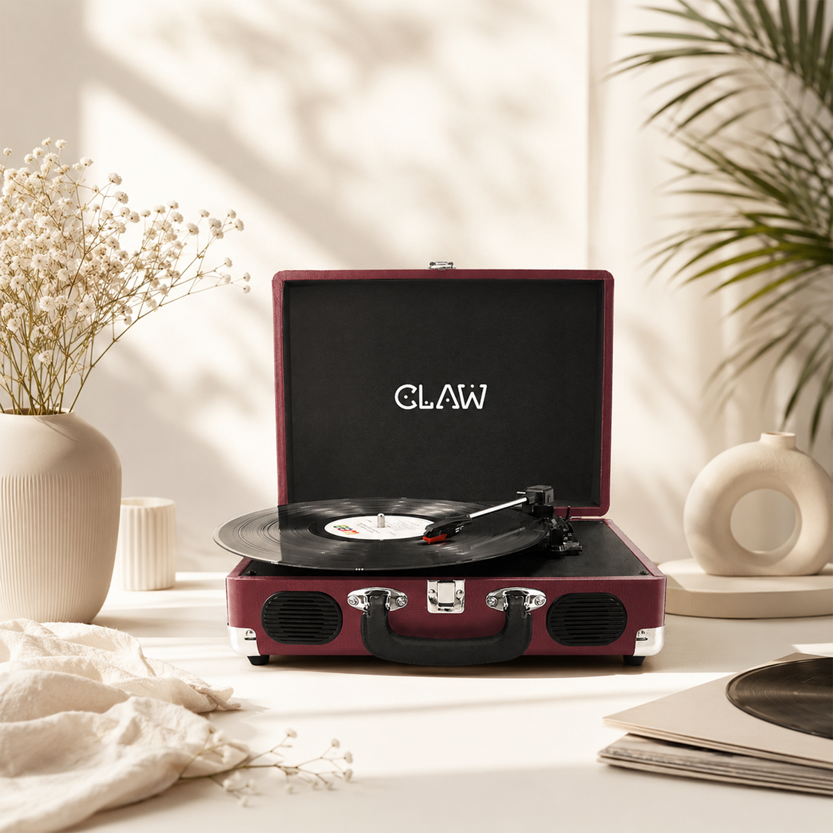 CLAW Stag Portable Pro - Bluetooth Turntable with Built-In Stereo Speaker (Wine Red)