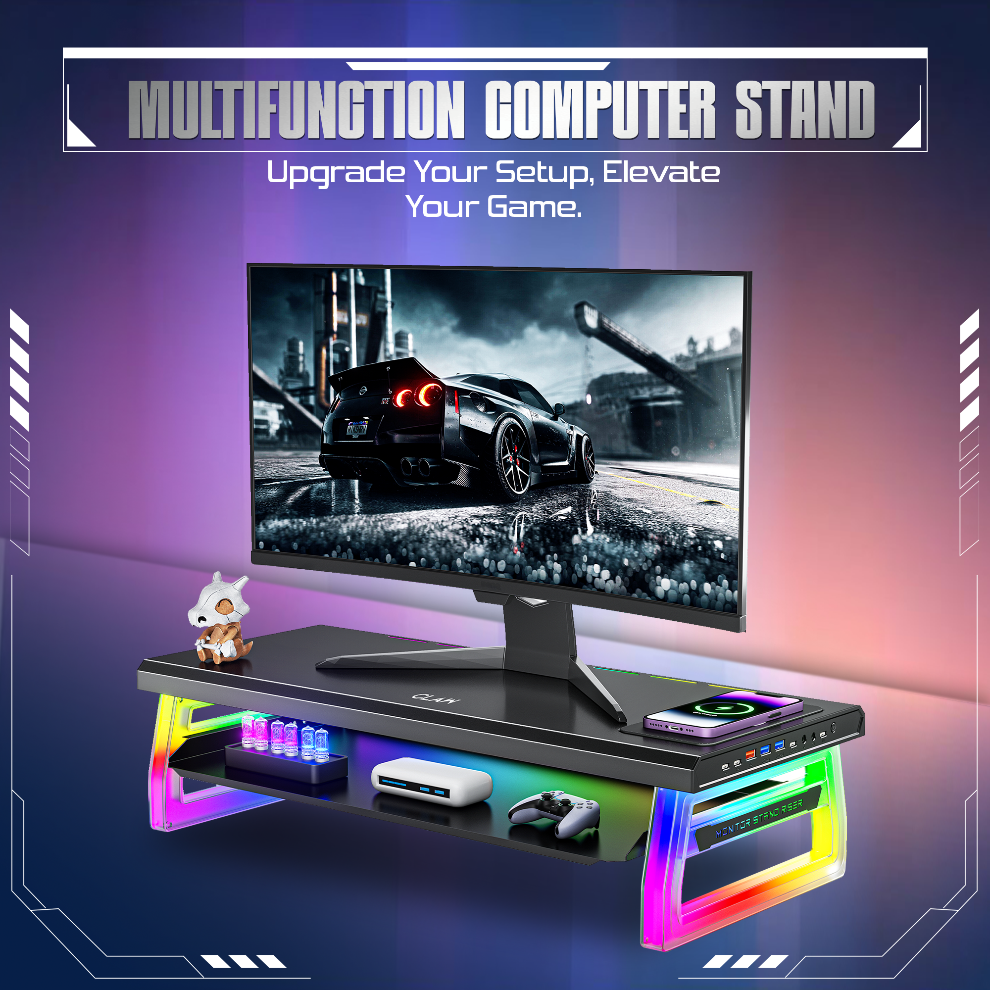 Claw Dock Pro T9 - Monitor/Laptop Stand with 15W Wireless Charging, USB-C PD Input, Fast Charge USB-C & USB-A, Dual USB 3.0 Ports, Headphone/Mic Ports
