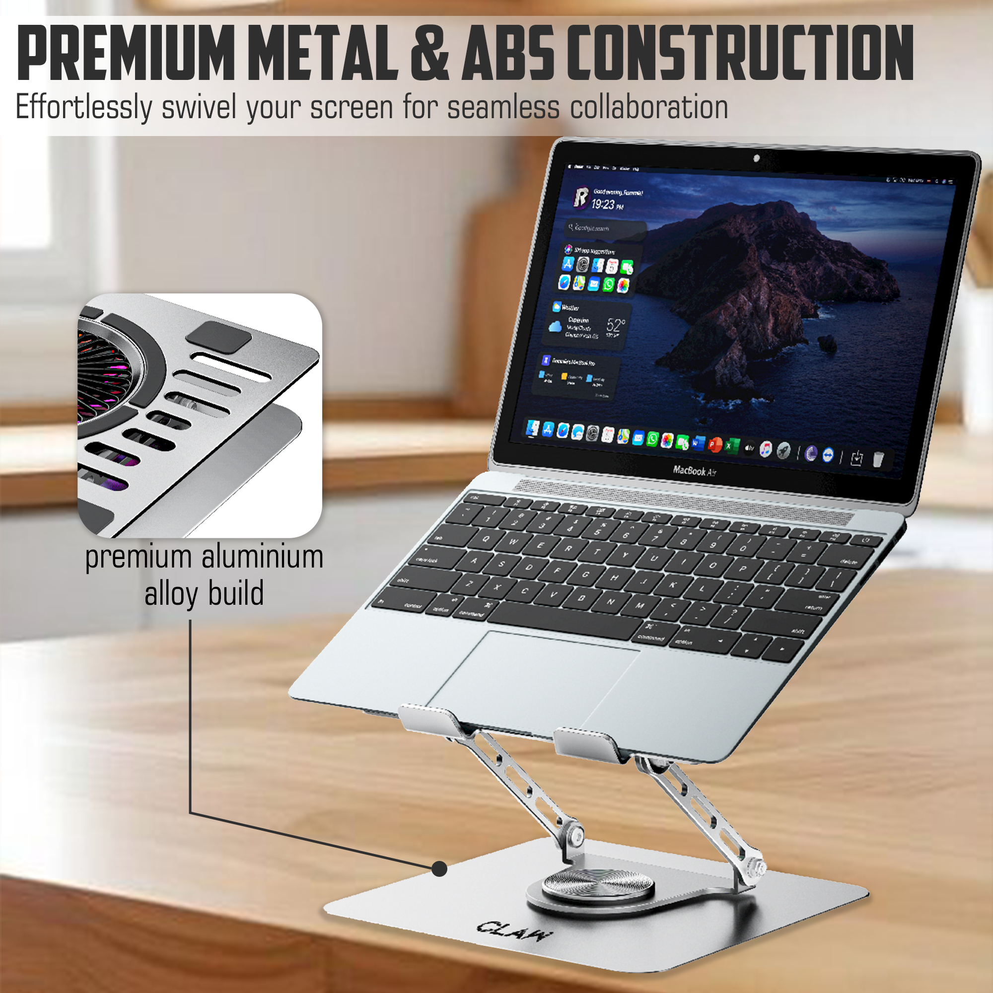 Claw Lift Max X16 - Metal Laptop Stand with RGB Fan,360° Rotation, Adjustable Angles and 2 USB Port