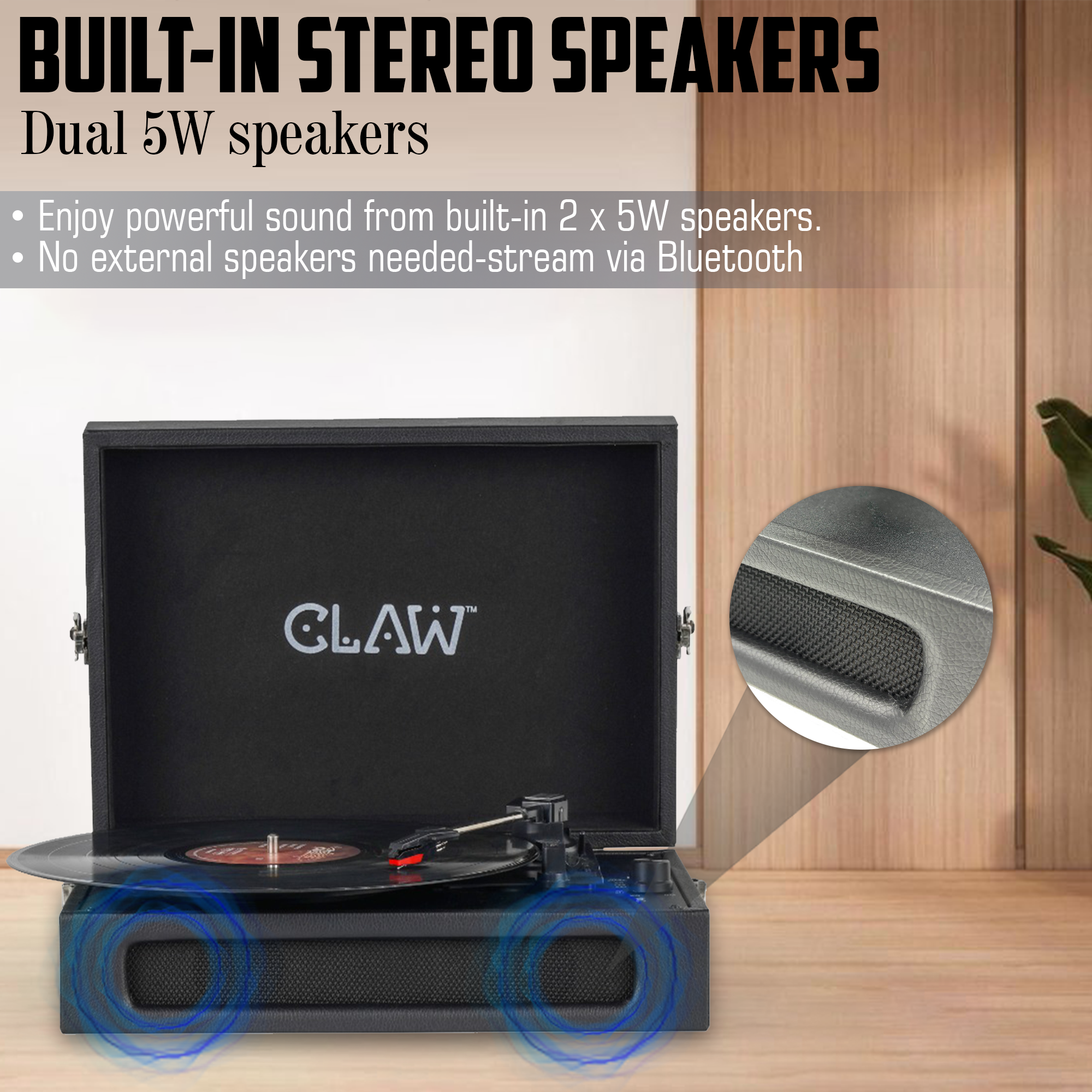 Claw Stag Retro - Bluetooth Turntable with Built-In Stereo Speaker, USB Recording and Play Buttons (Black)