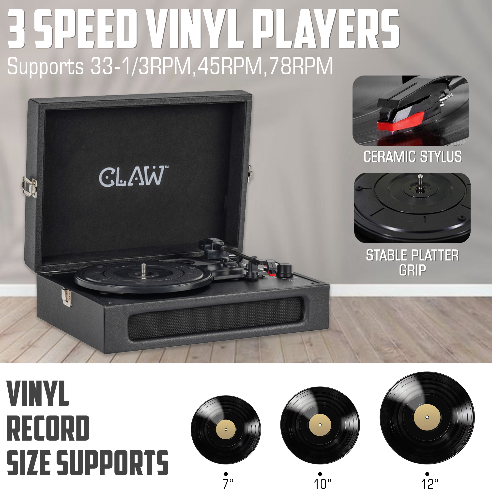 Claw Stag Retro - Bluetooth Turntable with Built-In Stereo Speaker, USB Recording and Play Buttons (Black)