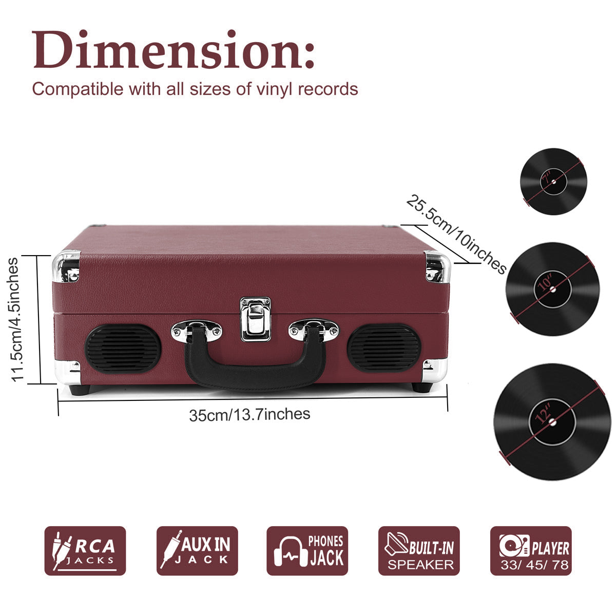 Refurbished CLAW Stag Portable - Turntable with built-in stereo speaker (Wine Red)