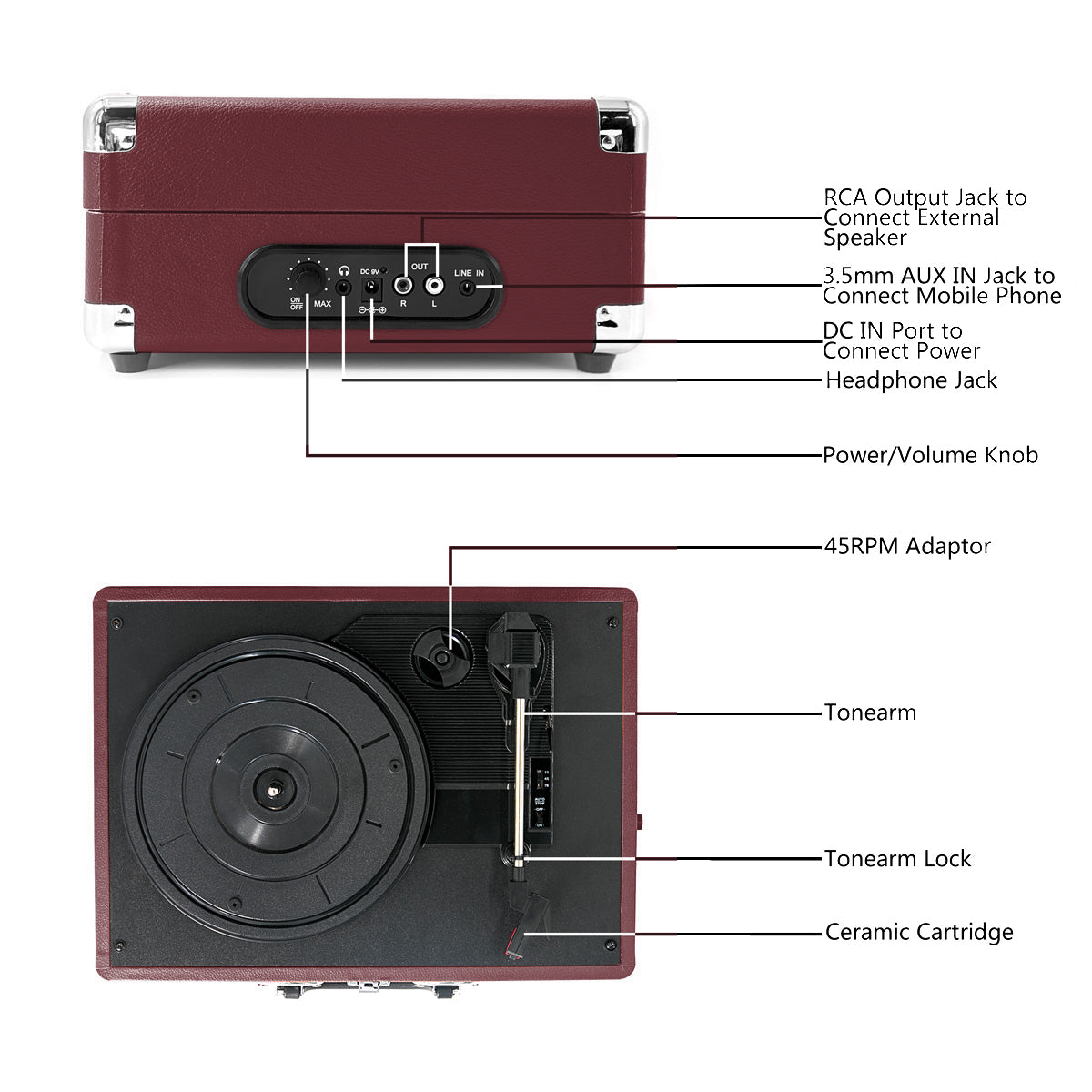 Refurbished CLAW Stag Portable - Turntable with built-in stereo speaker (Wine Red)
