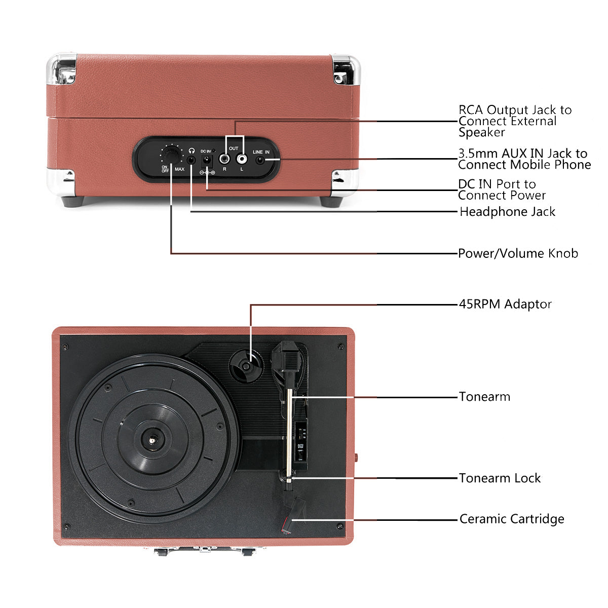Refurbished CLAW Stag Portable - Turntable with built-in stereo speaker (Pink)