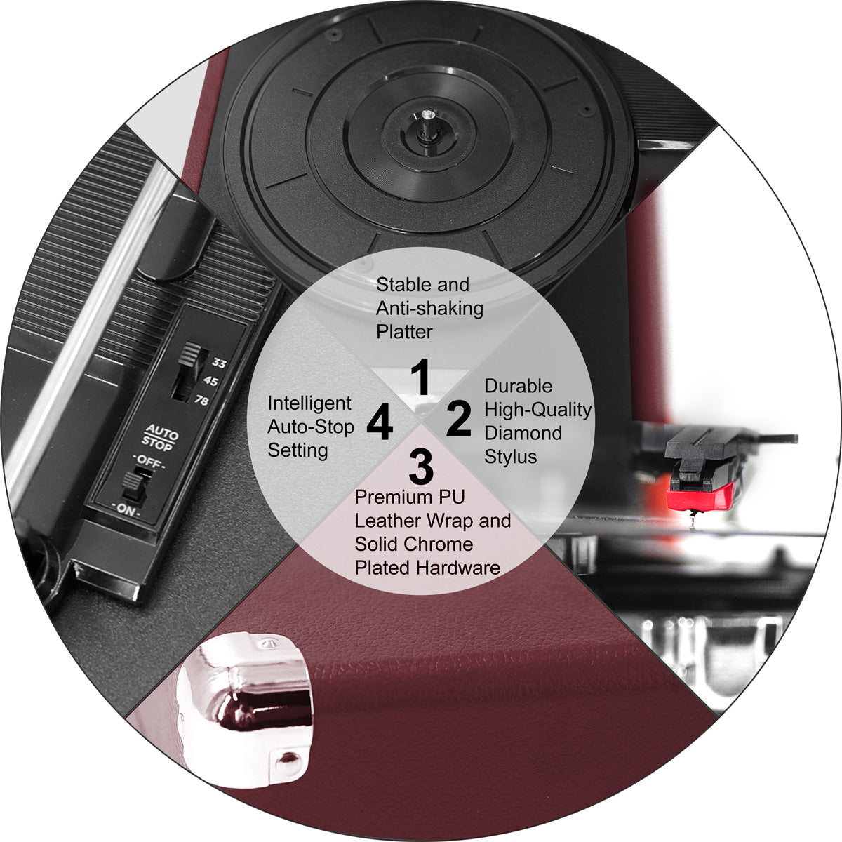 Refurbished CLAW Stag Portable - Turntable with built-in stereo speaker (Wine Red)