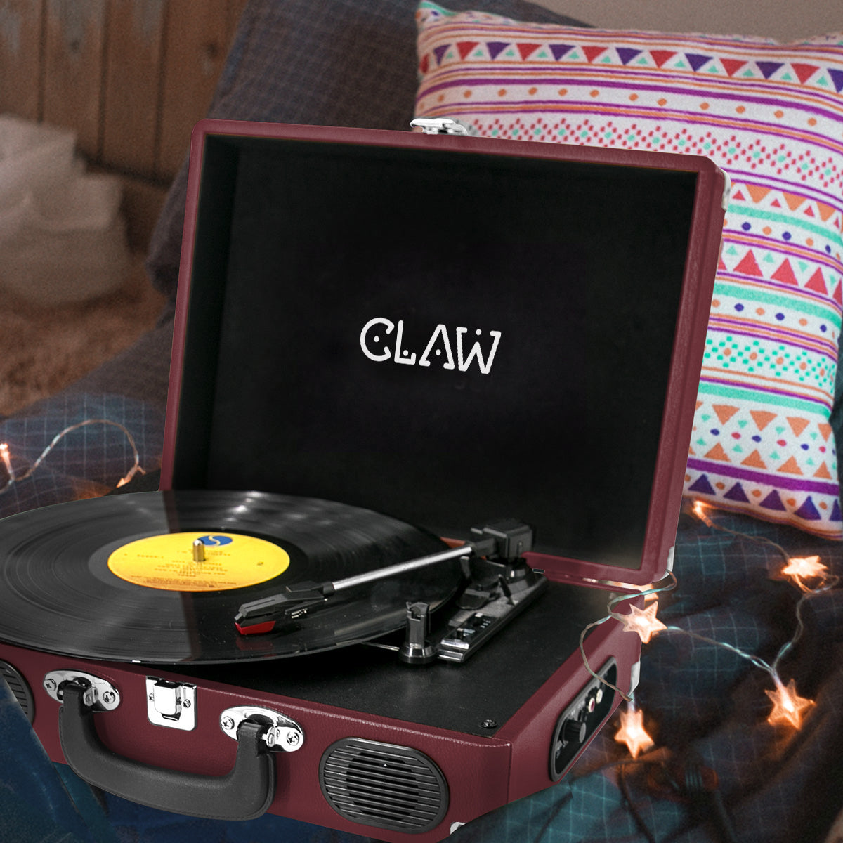 Refurbished CLAW Stag Portable - Turntable with built-in stereo speaker (Wine Red)