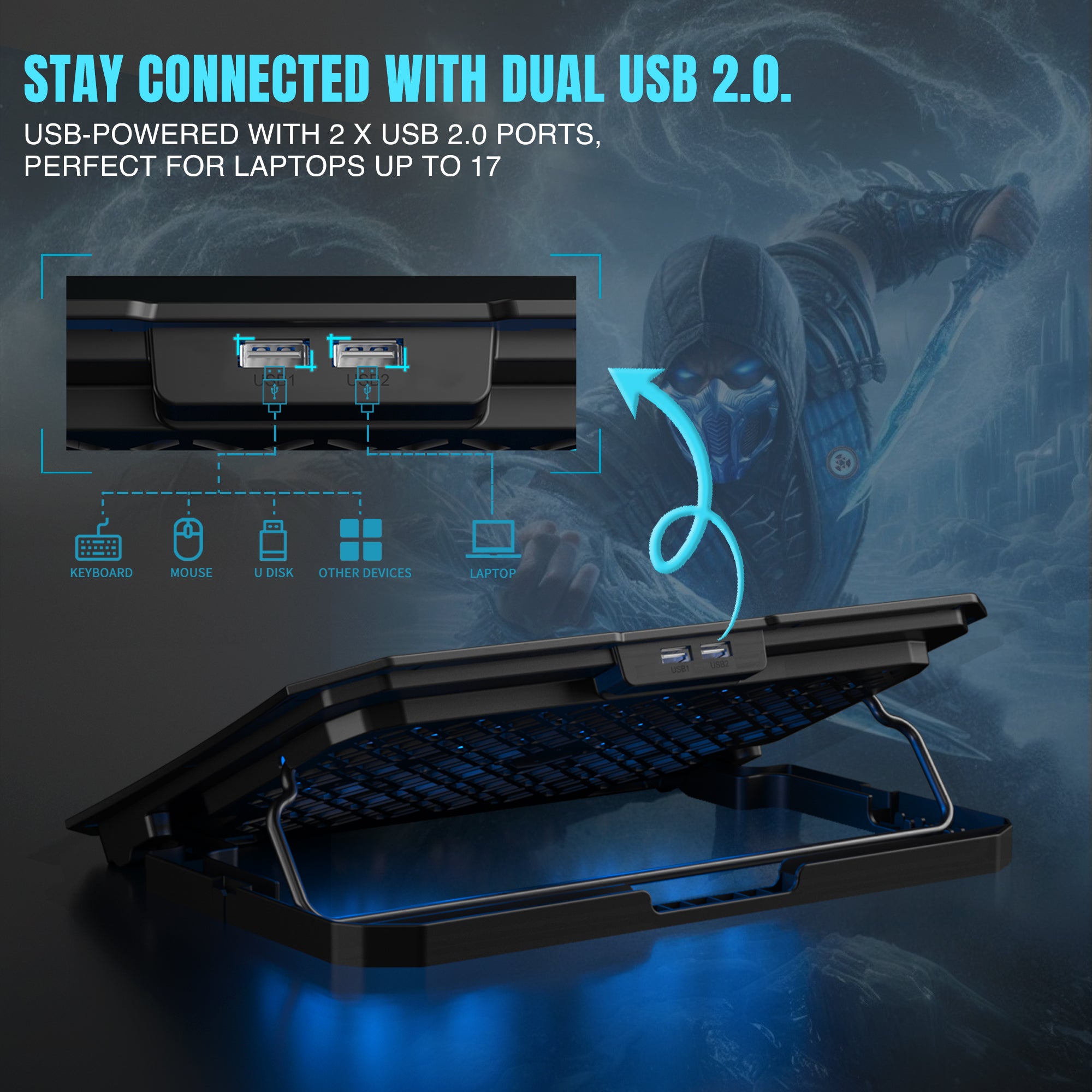 Claw Air Pro C39 - 2 Motor Laptop Cooling Pad with 2 USB Port, Adjustable Height and Mobile Stand (Black and Blue)