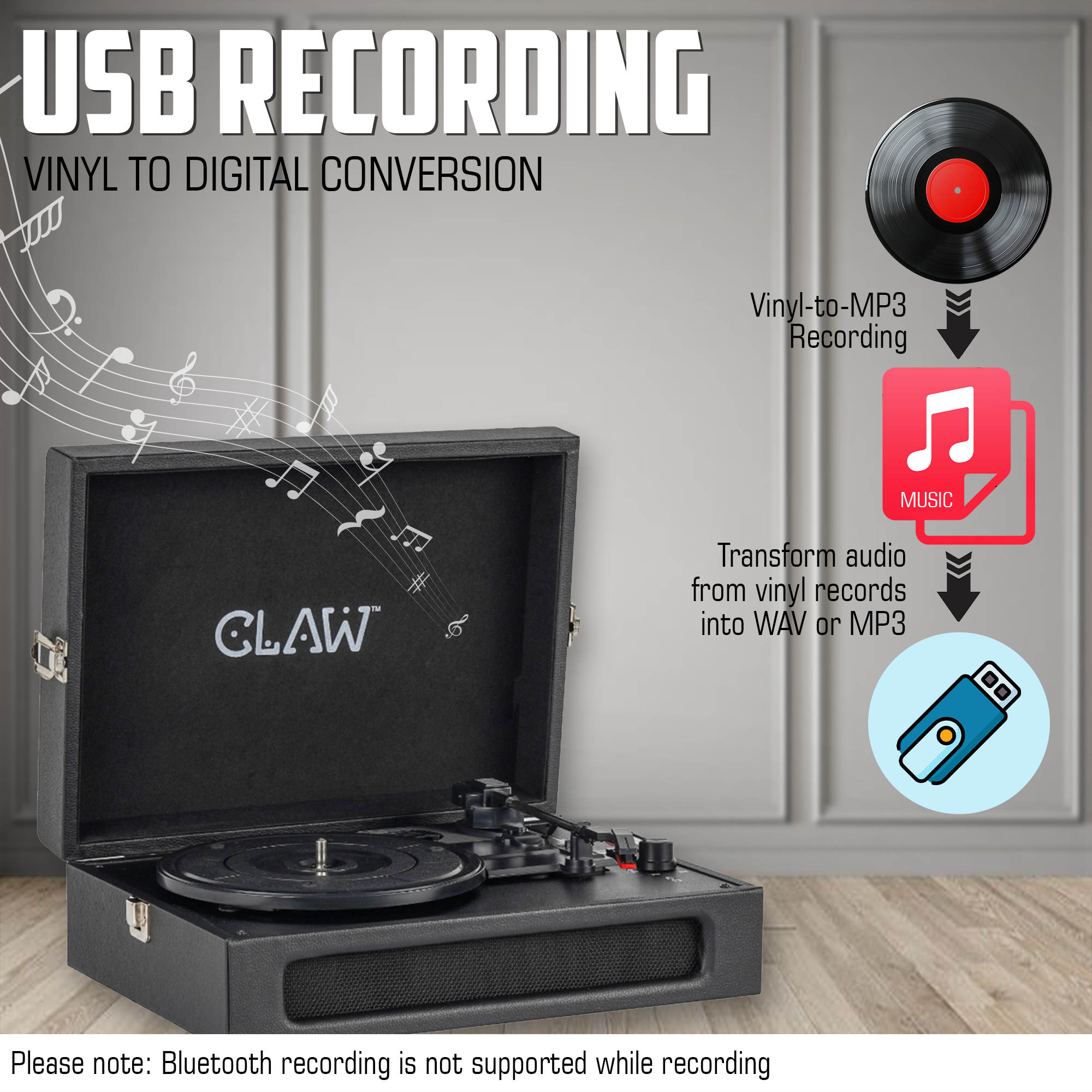 Claw Stag Retro - Bluetooth Turntable with Built-In Stereo Speaker, USB Recording and Play Buttons (Black)