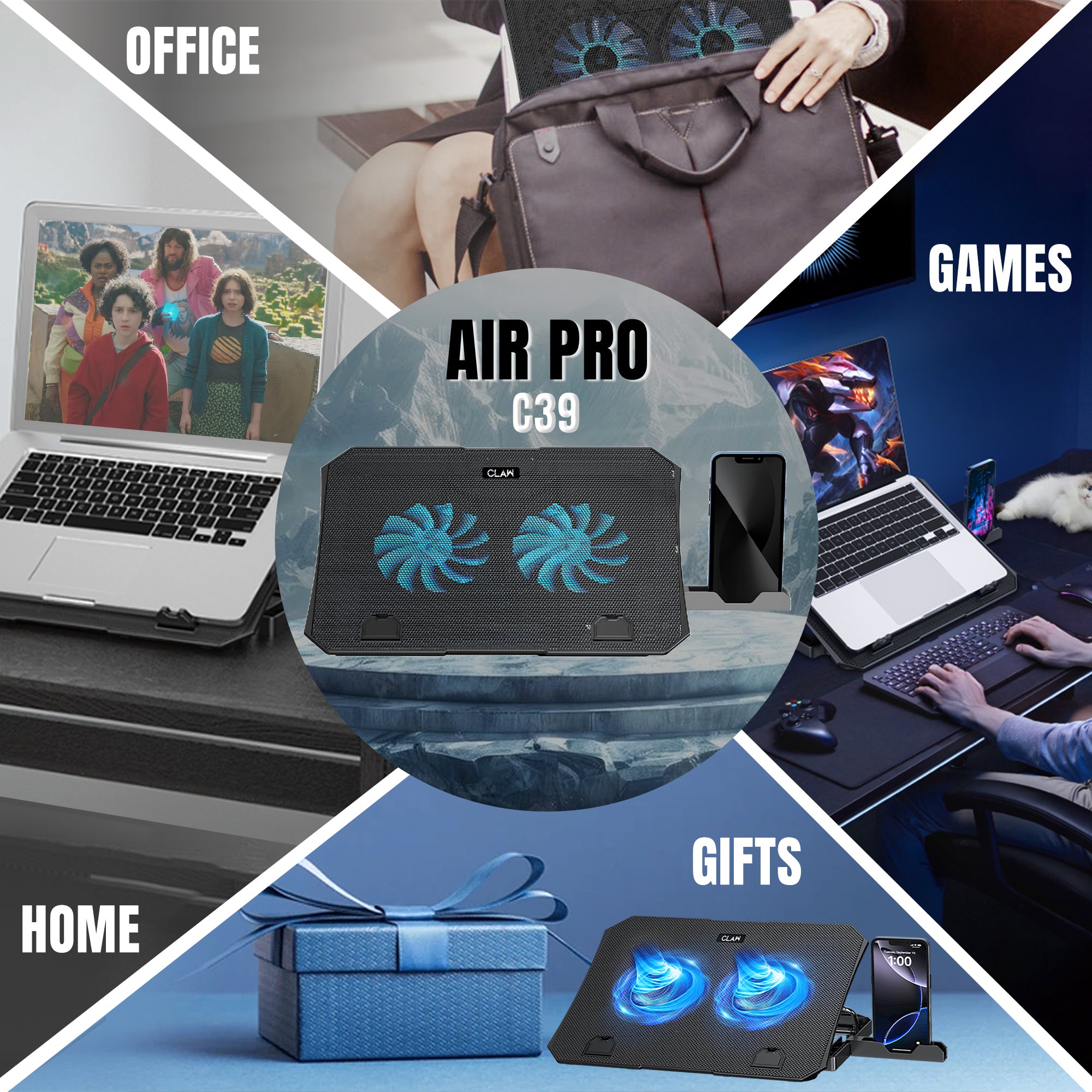 Claw Air Pro C39 - 2 Motor Laptop Cooling Pad with 2 USB Port, Adjustable Height and Mobile Stand (Black and Blue)