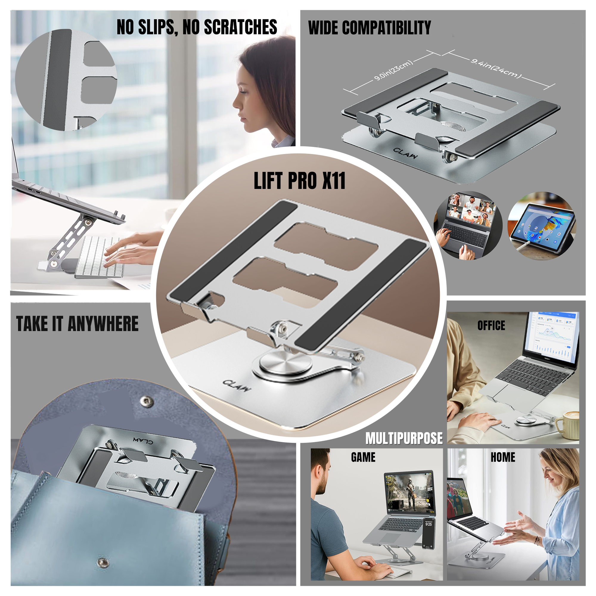 Claw Lift Pro X11 - Metal Laptop Stand with 360° Rotation, Adjustable Angle and 2 USB Port