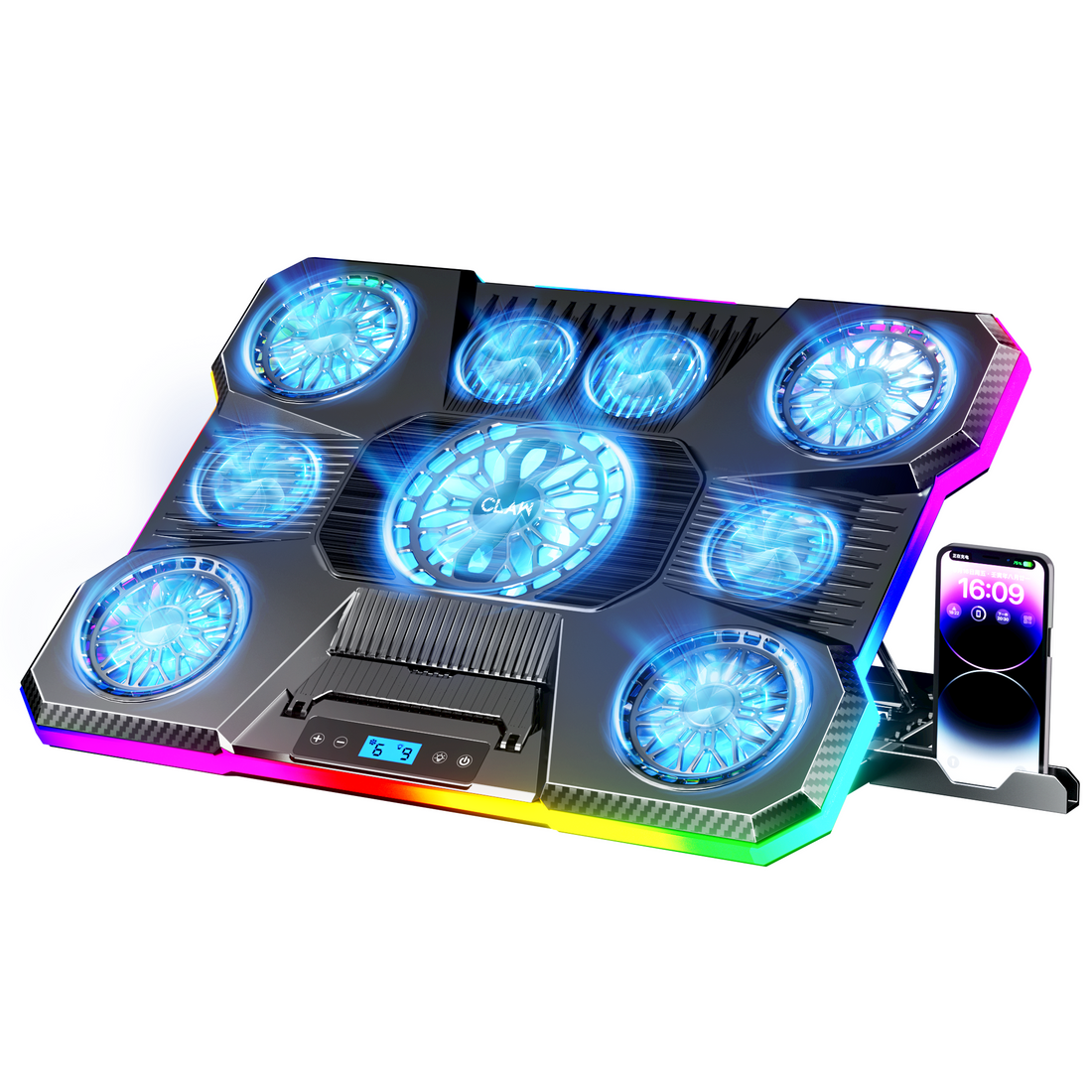(Refurbished) Claw Storm Pro A21 - 9 Motors RGB Laptop Cooling Pad with 9 Height Levels, USB & Type-C Ports, LCD Display and Mobile Stand