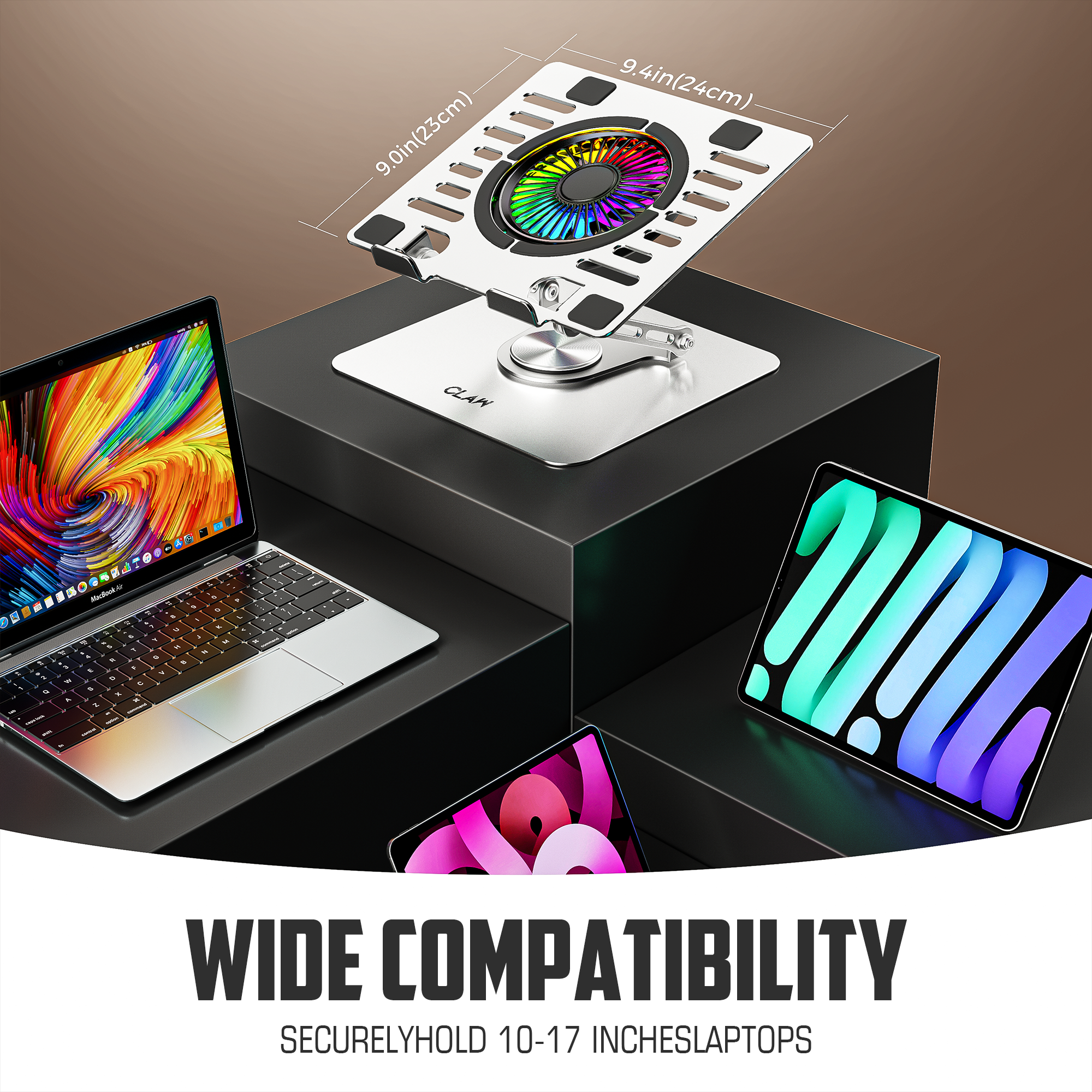 Claw Lift Max X16 - Metal Laptop Stand with RGB Fan,360° Rotation, Adjustable Angles and 2 USB Port