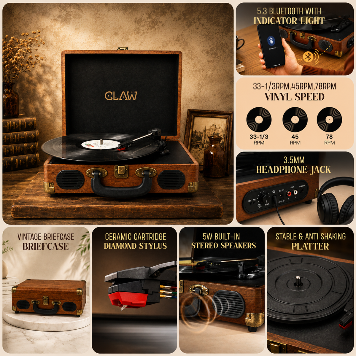 CLAW Stag Portable Pro - Bluetooth Turntable with Built-In Stereo Speaker (Red Wood)