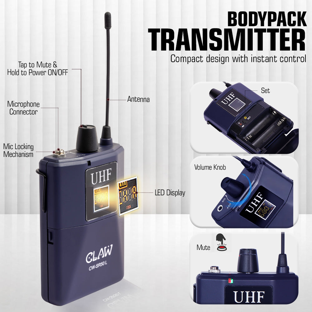 Claw CWSR50L - UHF Wireless Lavalier and Head Microphone with Bodypack Rechargeable Receiver