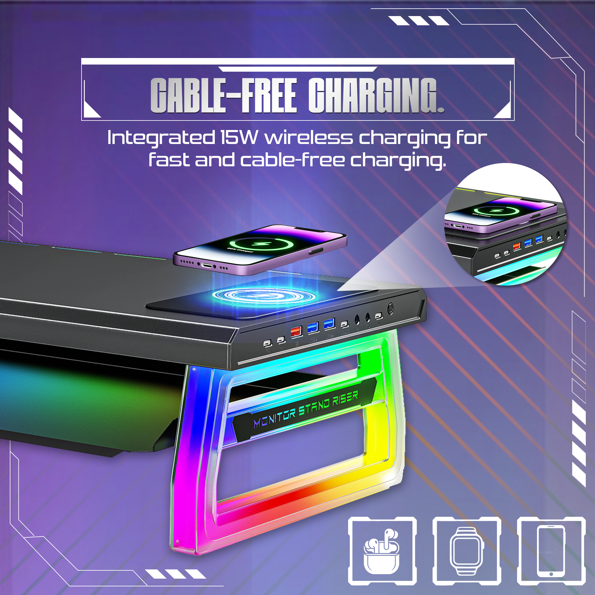 Claw Dock Pro T9 - Monitor/Laptop Stand with 15W Wireless Charging, USB-C PD Input, Fast Charge USB-C & USB-A, Dual USB 3.0 Ports, Headphone/Mic Ports